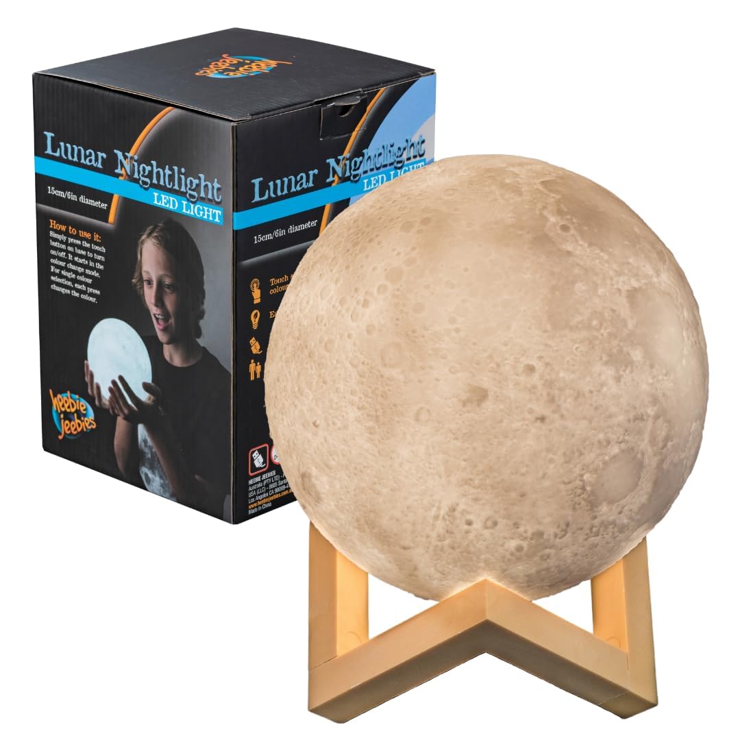 Heebie Jeebies Rechargeable 3D Moon Night Light - LED Lunar Lamp with 2 Color Modes for Kids & Adults - Perfect for Bedroom, Nursery, Camping & Home Decor - Unique Space-Themed Gift for Astronaut Lovers & Science Enthusiasts