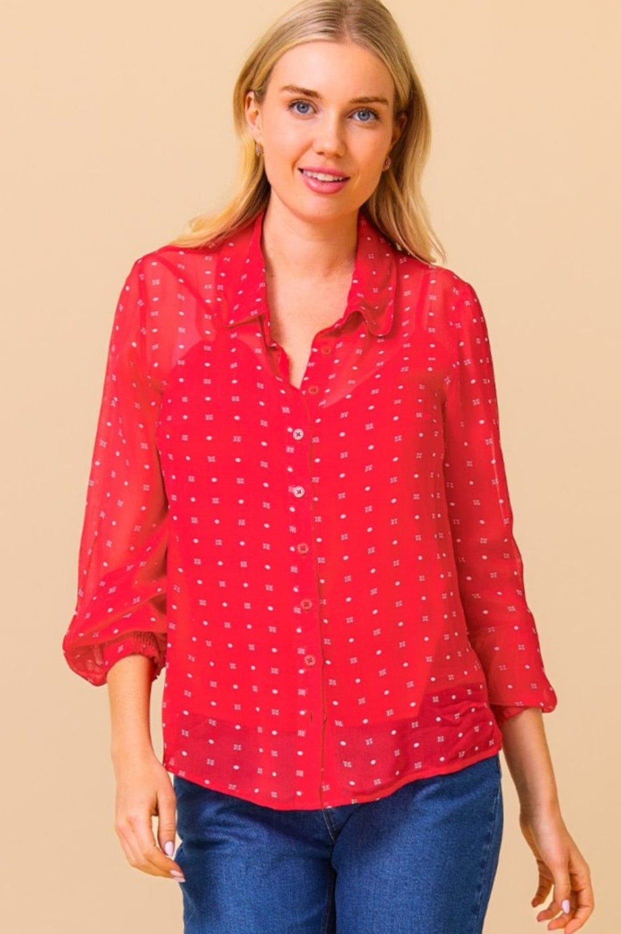 Ffion Women's Polka Dot Blouse - Red & White Floral Print Top for Casual Wear & Office Outfits