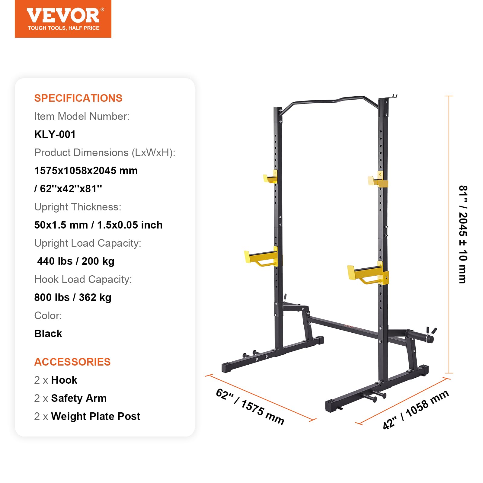 VEVOR Adjustable Squat Stand Power Rack - Multi-Functional Home Gym Equipment with Pull-Up Bar, Weight Plate Storage & J-Hooks for Strength Training - Perfect for Squats, Bench Press & Deadlifts in Home Garage Gym