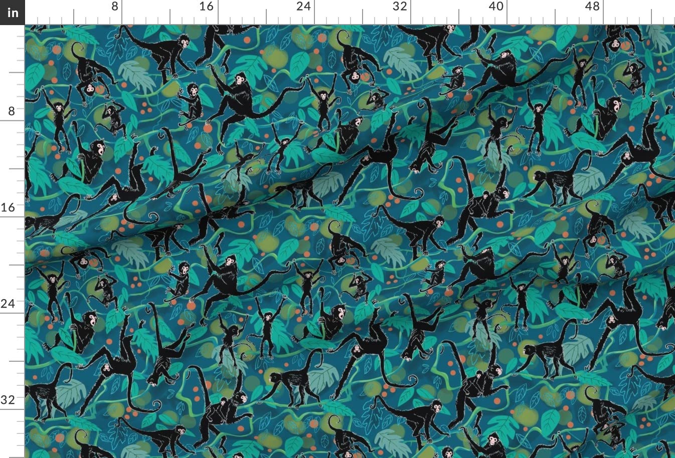 Spider Monkeys & Tropical Leaves Printed Velvet Upholstery Fabric by The Yard - Teal Green Jungle Vines Black Design for Home Decor, Apparel & DIY Projects | Perfect for Curtains, Pillows, Sofa Covers & Fashion Sewing