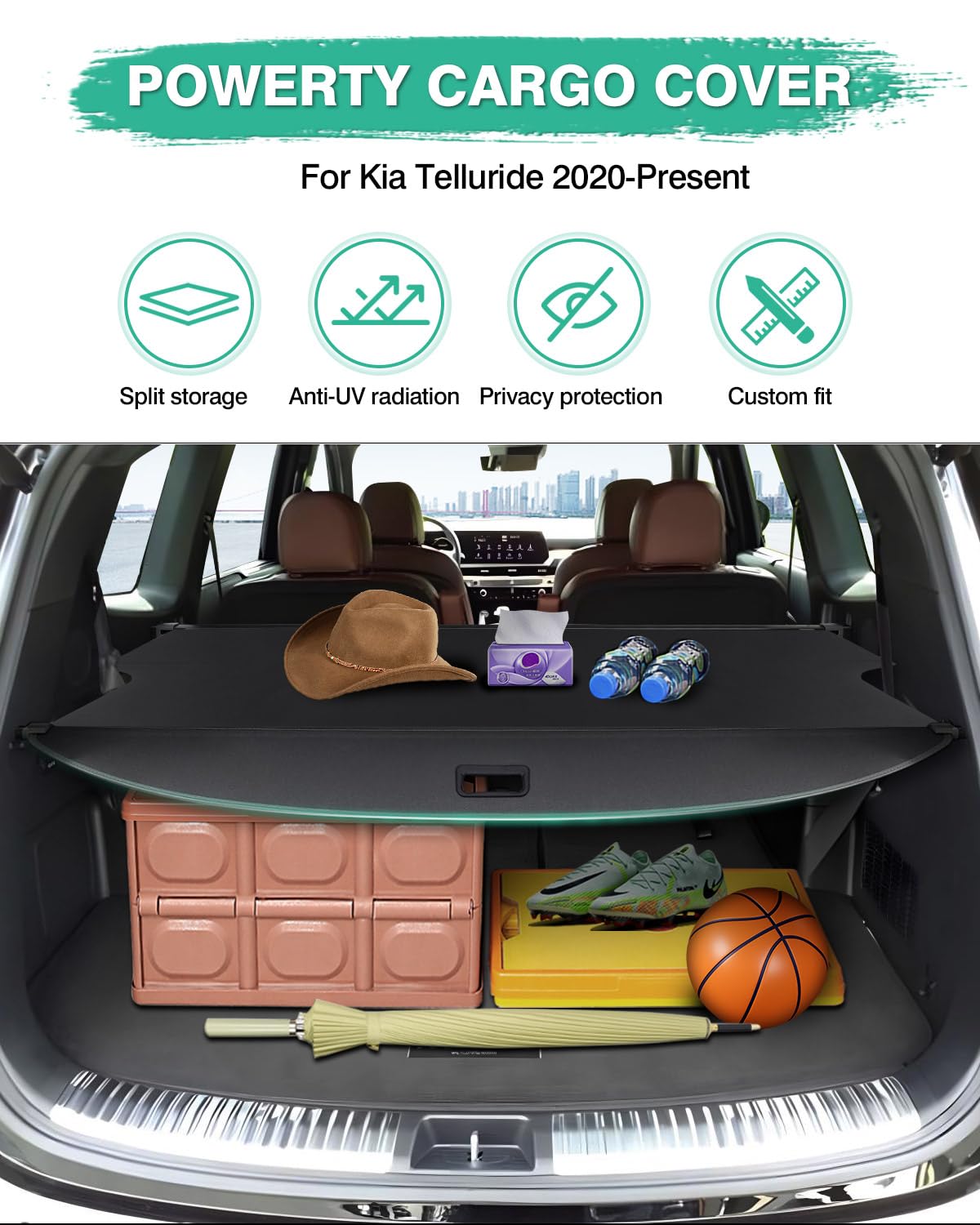 2020-2025 Kia Telluride Retractable Cargo Cover - Black Trunk Shade Protector for Luggage & Storage | Perfect for Road Trips, Grocery Hauling & Pet Protection