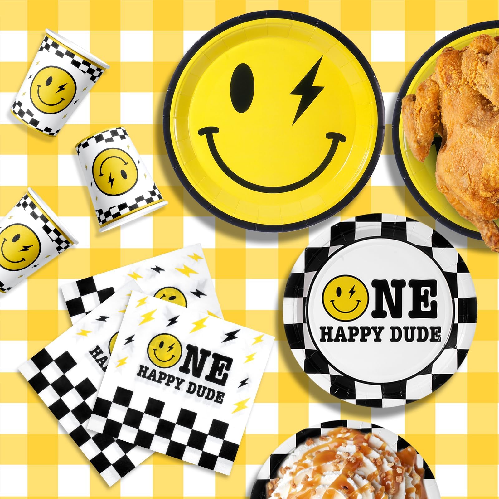 One Happy Dude Birthday Party Supplies Set - 25 Yellow Smile Face Paper Plates, Cups & Napkins | Disposable Tableware for Birthday, Baby Shower, Wedding & Bachelor Party Decorations | Perfect for Indoor & Outdoor Celebrations