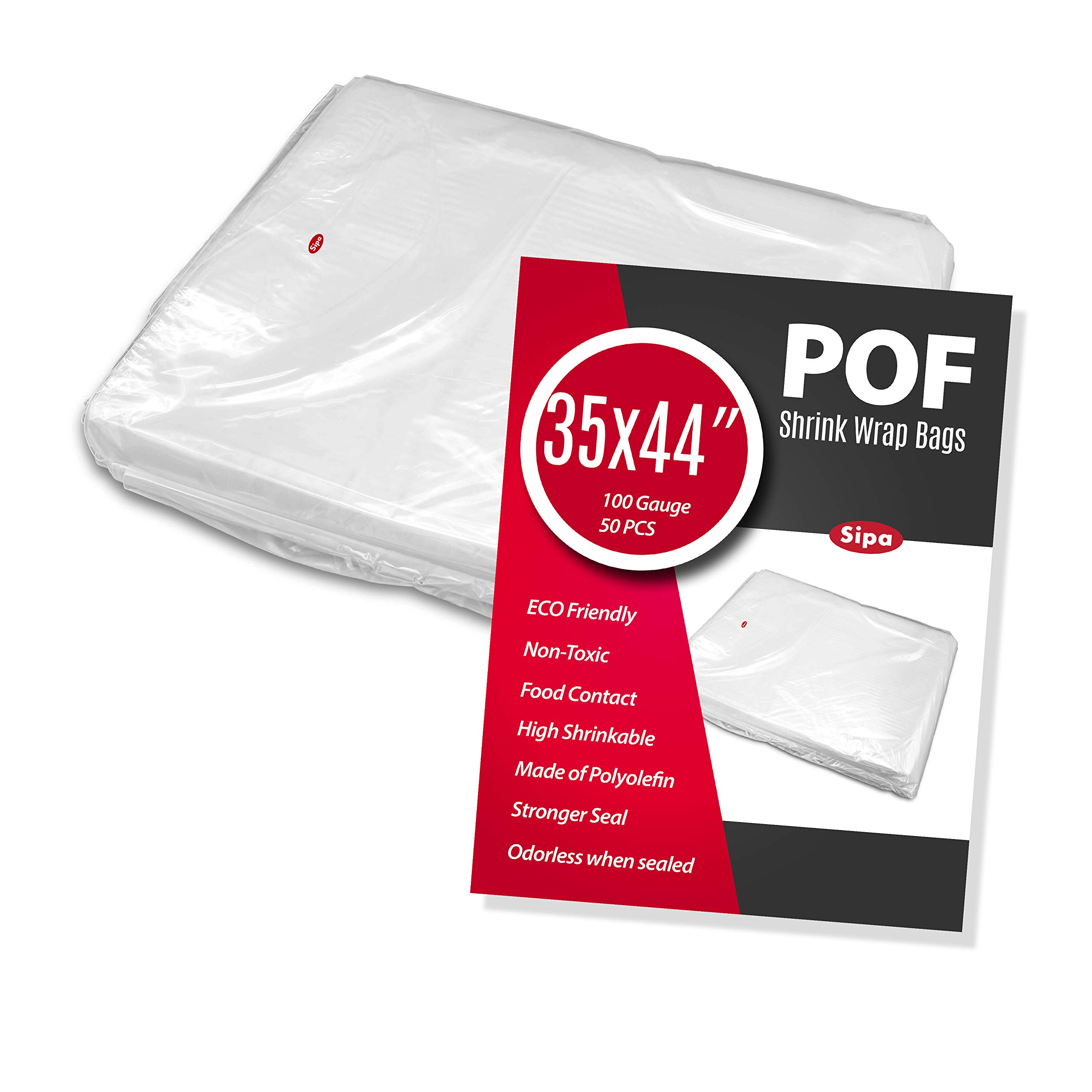 SIPA 35x44 Inch 50 PCS 100 Gauge POF Non-Venting Shrink Wrap Bags, Odorless for Stationery, Photo Frames, Soap Supplies, Oil Bottles, DIY Crafts - Perfect for Gift Packaging, Product Bundling & Retail Display