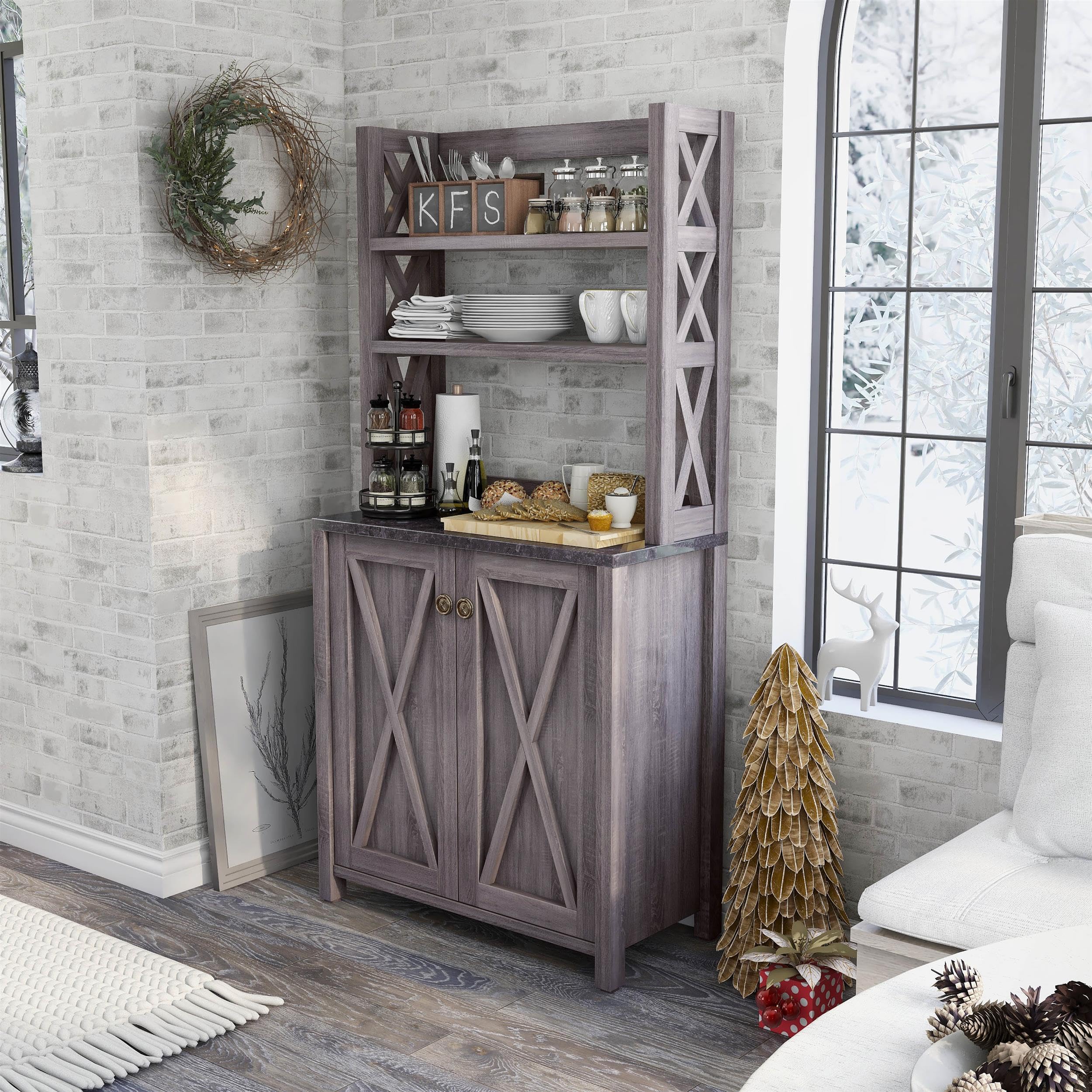 Furniture of America Schuetz Gray Wood Multi-Storage Baker Rack - Kitchen Organizer, Pantry Shelf & Home Decor Storage Solution for Small Spaces