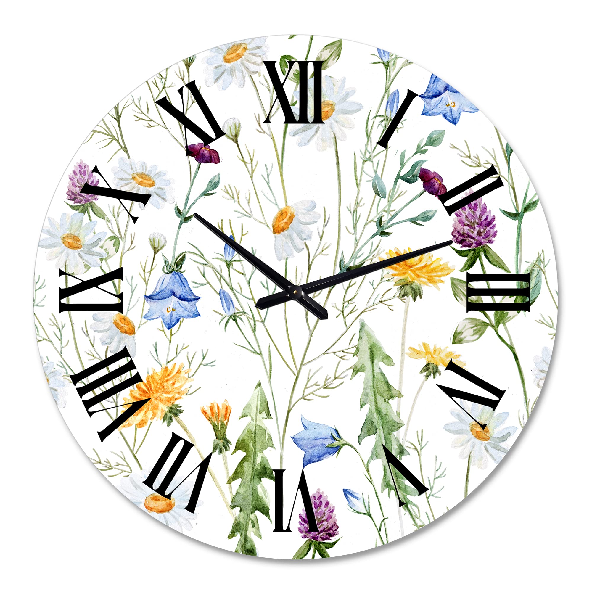 Wildflowers Chamomile and Clover Bell III - Large Floral Wall Clock for Kitchen, Living Room & Bedroom Decor | Traditional Botanical Design | Perfect Home & Office Decoration