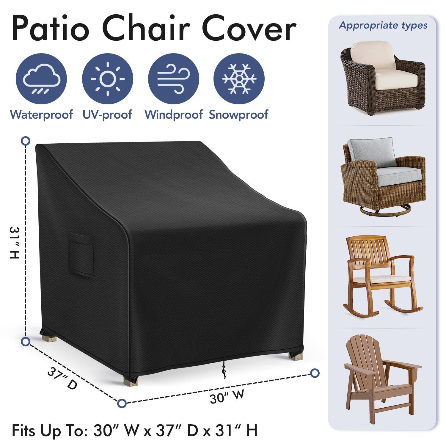 Waterproof Patio Furniture Covers for Outdoor Chairs - 2 Pack Heavy Duty Lawn Chair Covers (Fits 30W x 37D x 31H) - Black - Perfect for Backyard, Deck, Garden & Poolside Furniture Protection