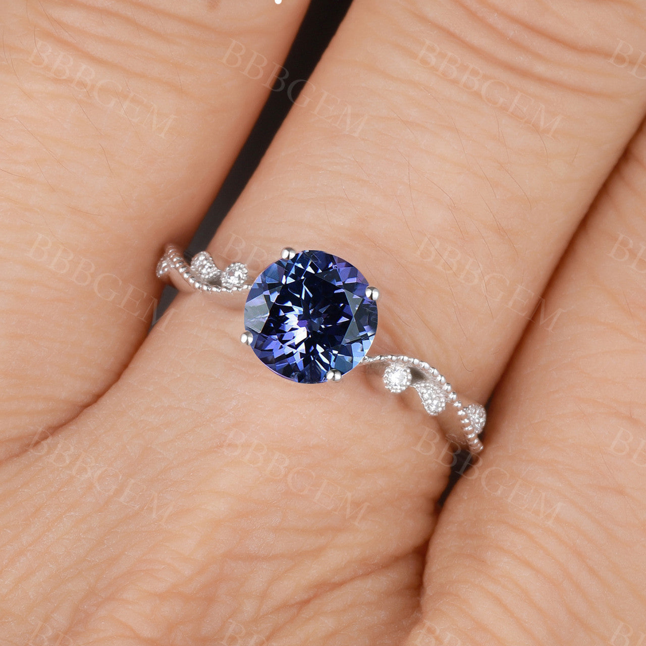 Exquisite Round Tanzanite Floral Engagement Ring with Diamond Accents in Rose Gold – Perfect for Proposals, Anniversaries & Romantic Gifts
