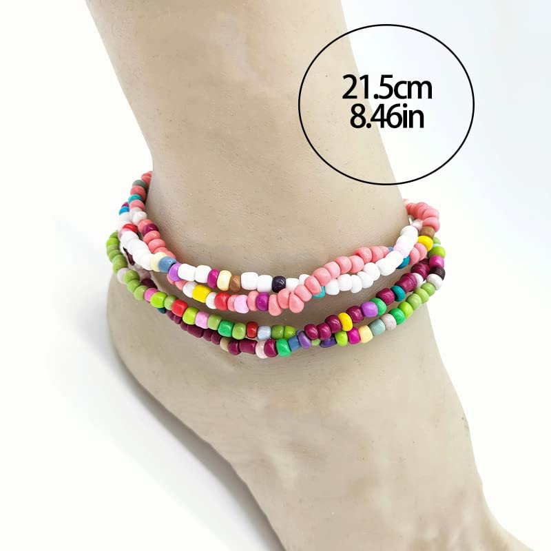 24PCS Boho Beaded Anklets for Women - Handmade Stretch Elastic Beaded Ankle Bracelets with Colorful Beads - Summer Beach Jewelry Gifts for Vacation, Festival & Boho Fashion Accessories