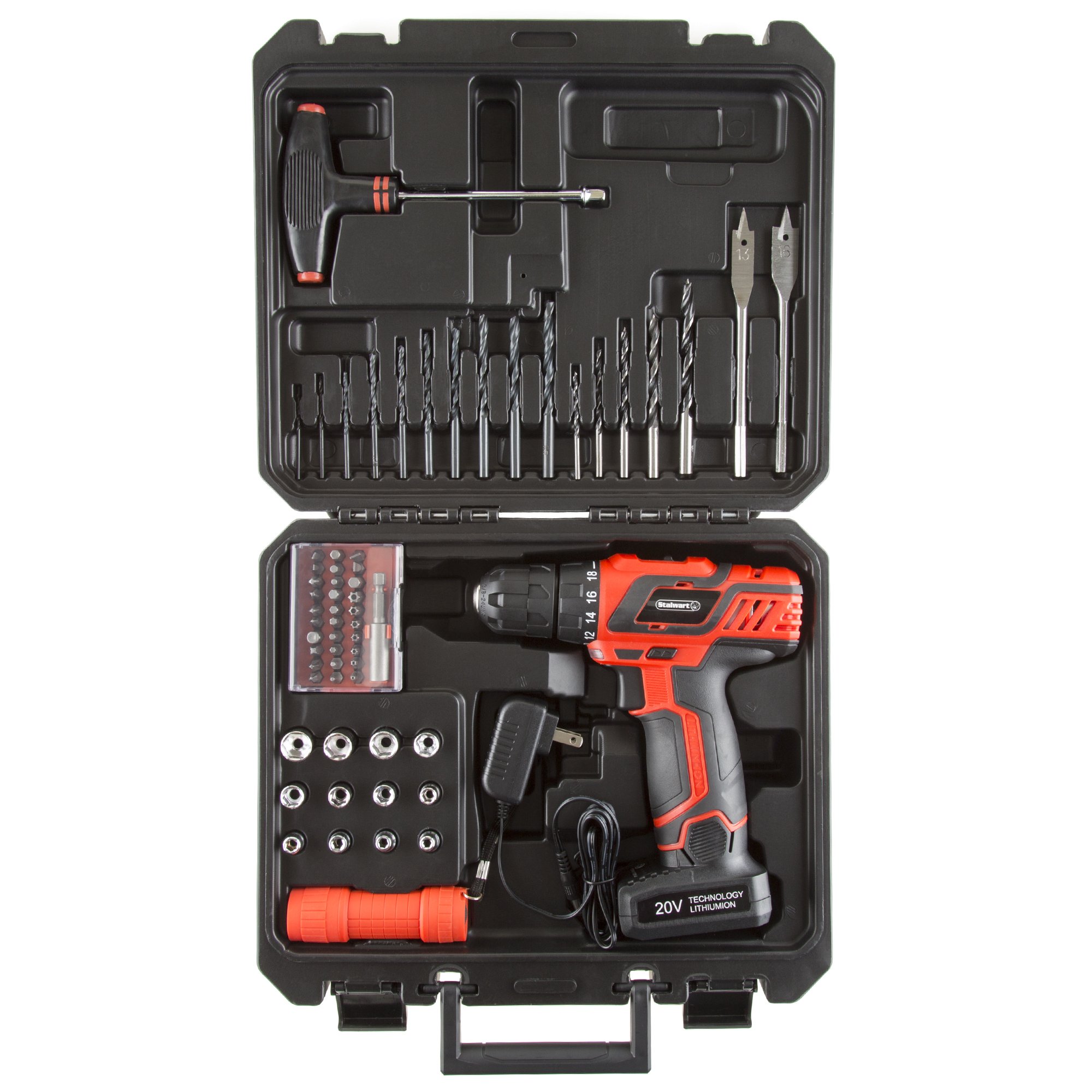 65-Piece Cordless Drill and Accessory Kit with Rechargeable Battery, Flashlight, Drill Bit Set & Sockets - Stalwart Power Tools (Red) - Perfect for DIY Home Improvement, Woodworking, and Professional Construction Projects