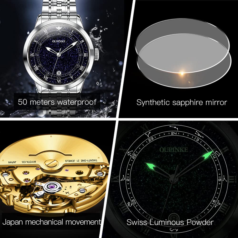 OUPINKE Automatic Men's Watch - Luxury Starry Sky Design, Mechanical Movement, Waterproof, Date Display, Luminous Hands, Sapphire Crystal, Tungsten Steel Band - Perfect for Business, Formal Events & Gift Giving