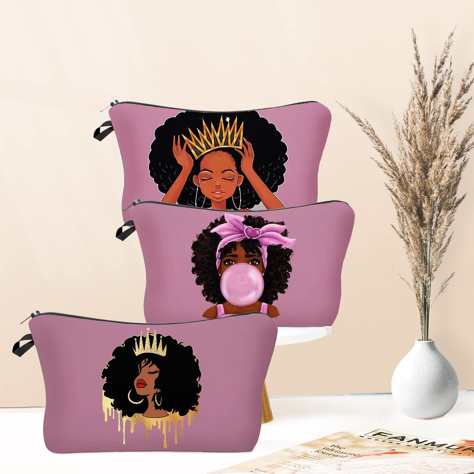 3 Pack African American Makeup Bags for Women - Afro Black Cosmetic Travel Pouches with Inspirational Designs, Funny Toiletry Organizers for Purse, Gym & Vacation Accessories