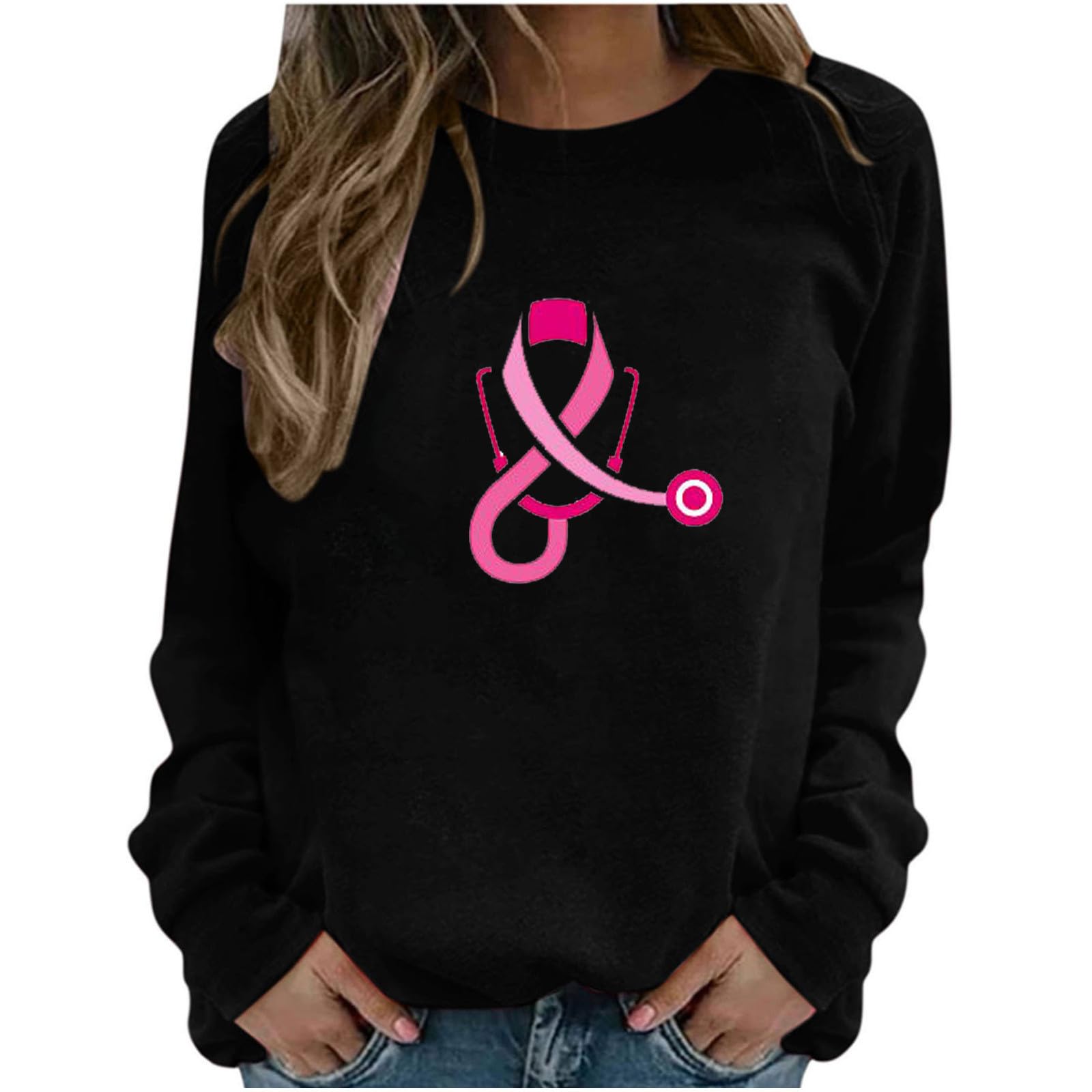 Women's Lightweight Long Sleeve Breast Cancer Awareness Sweatshirt - Pink Ribbon Support Shirt for Survivors & Supporters | Casual Wear, Fundraising Events, Awareness Campaigns
