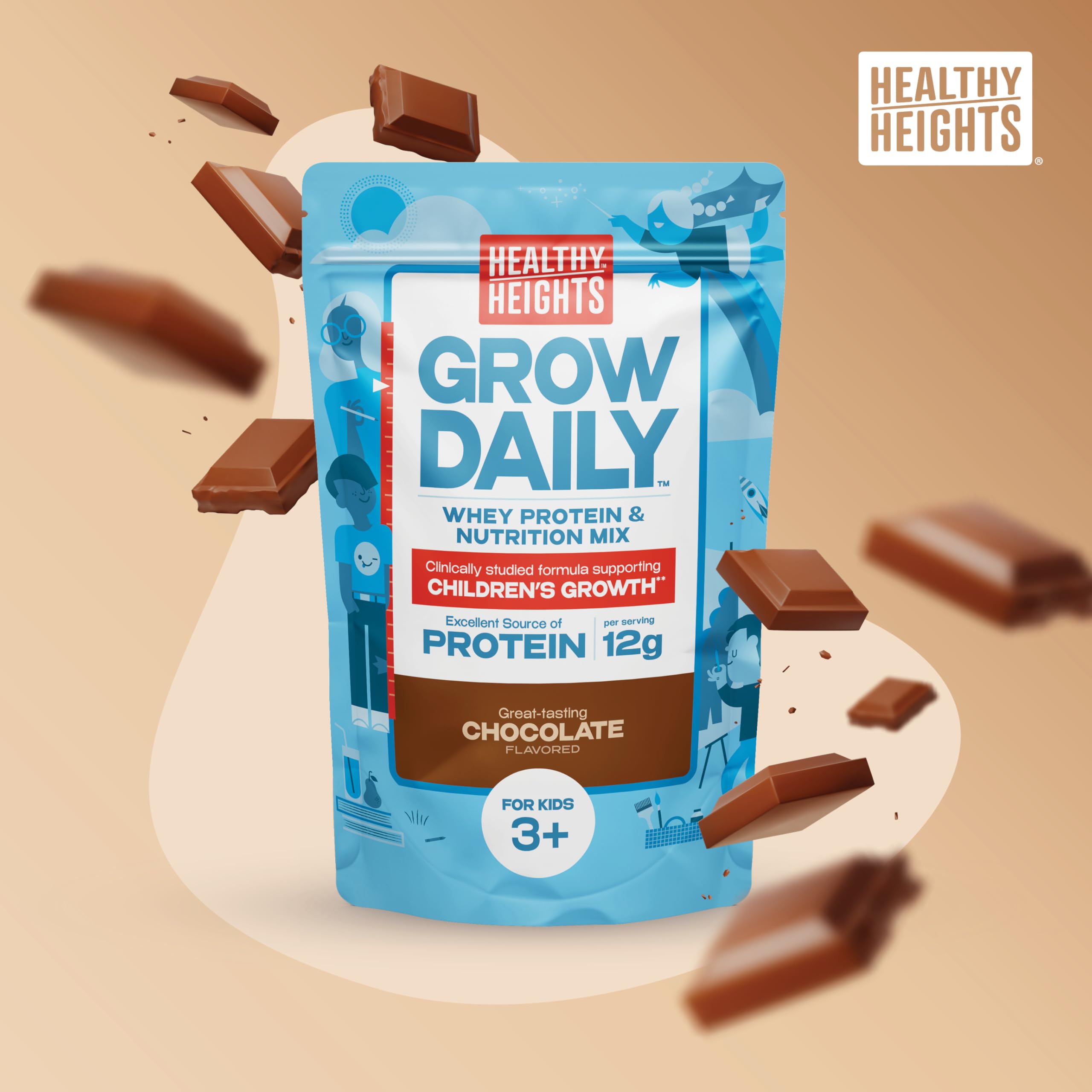 Healthy Heights Grow Daily Kids Protein Drink Mix (Chocolate) - High Protein Shake for Children Ages 3+ | Supports Growth & Development | Perfect for Breakfast, Snacks & Active Lifestyles