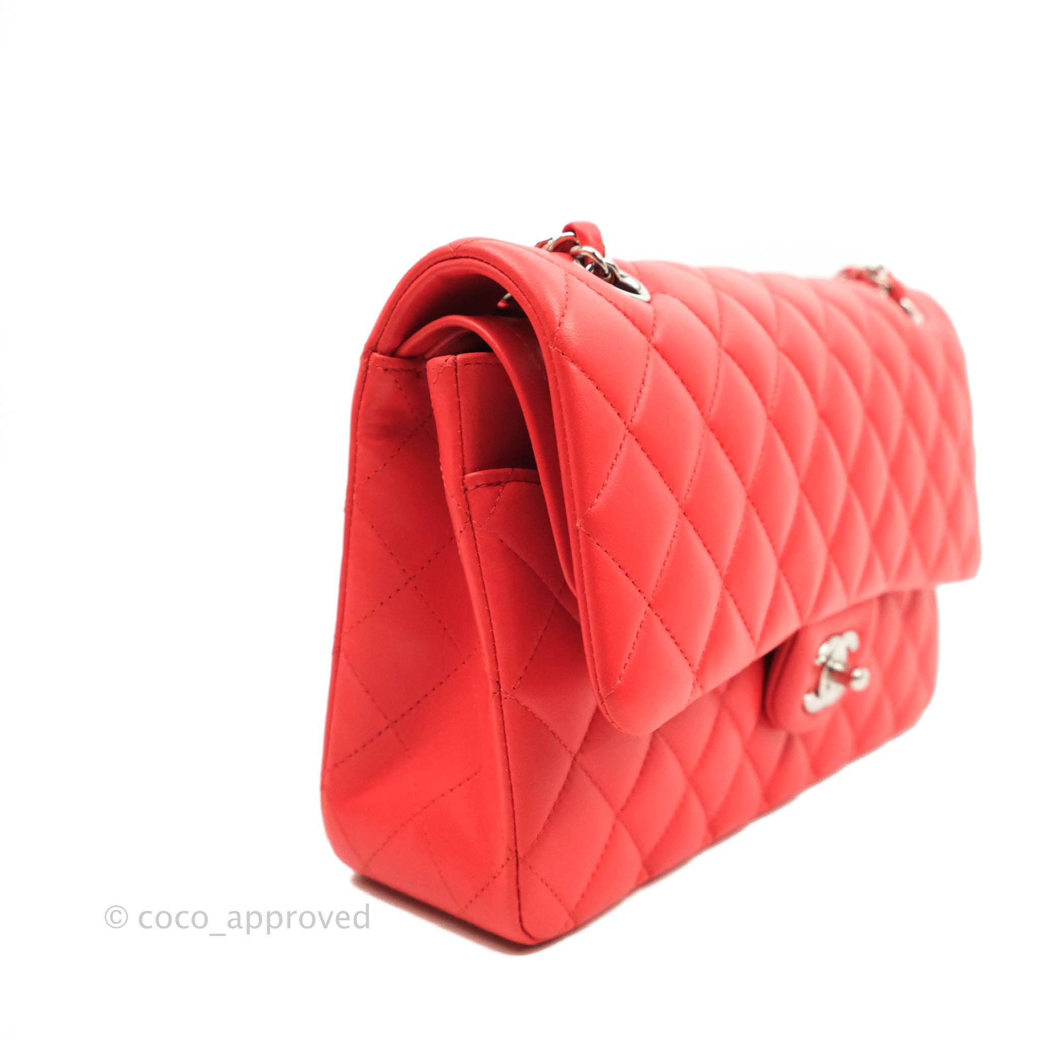 Chanel Classic Medium Double Flap Bag - Poppy Red Lambskin Leather with Silver Hardware | Luxury Designer Handbag for Women, Perfect for Date Night & Special Occasions