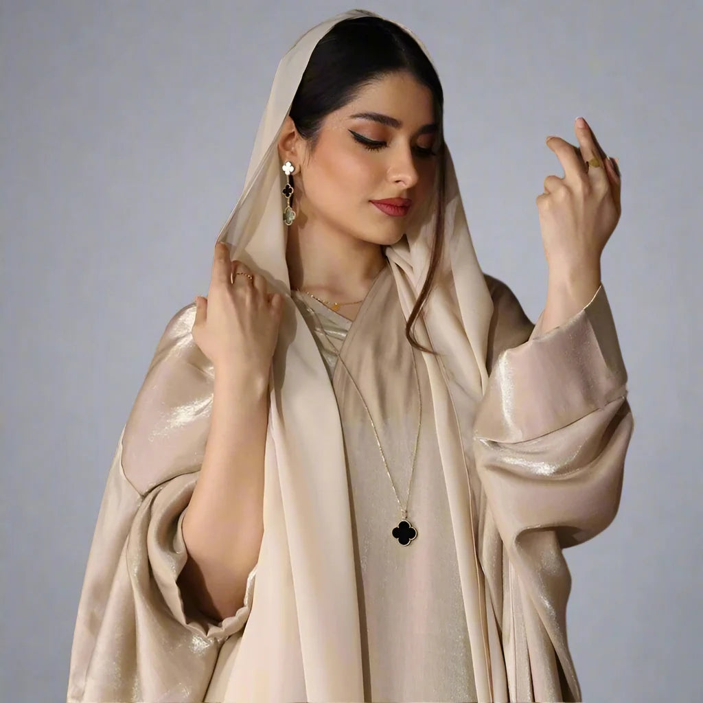Elegant Satin Batwing Sleeve Farasha Cardigan Open Abaya Dress for Women - Perfect for Prayer, Evening Parties & Special Occasions