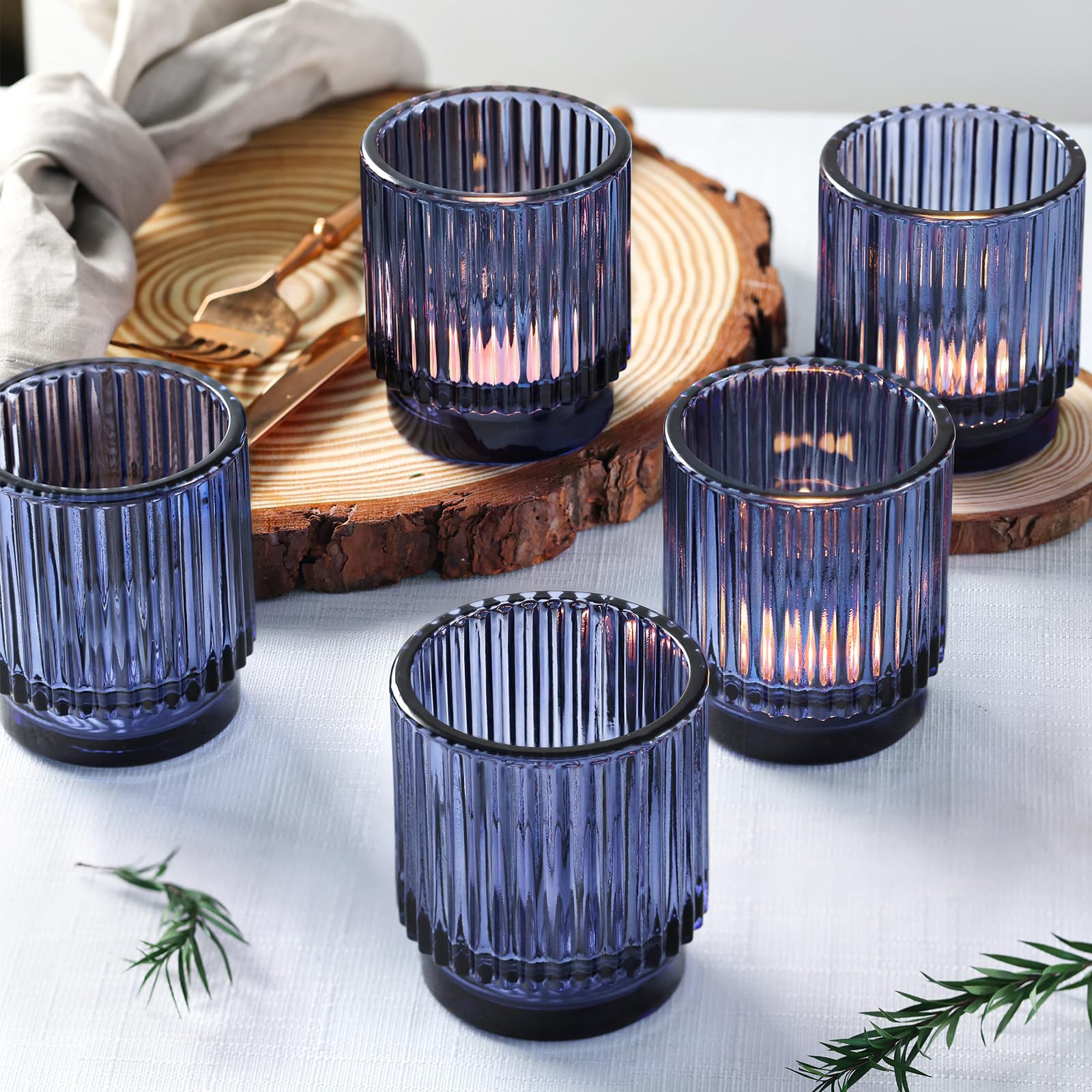 8-Piece Blue Glass Votive Candle Holders Set - Ribbed Tealight Holders for Wedding Centerpieces & Table Decorations, Navy Blue Party Decor, Perfect for Weddings, Dinner Parties, and Romantic Home Ambiance