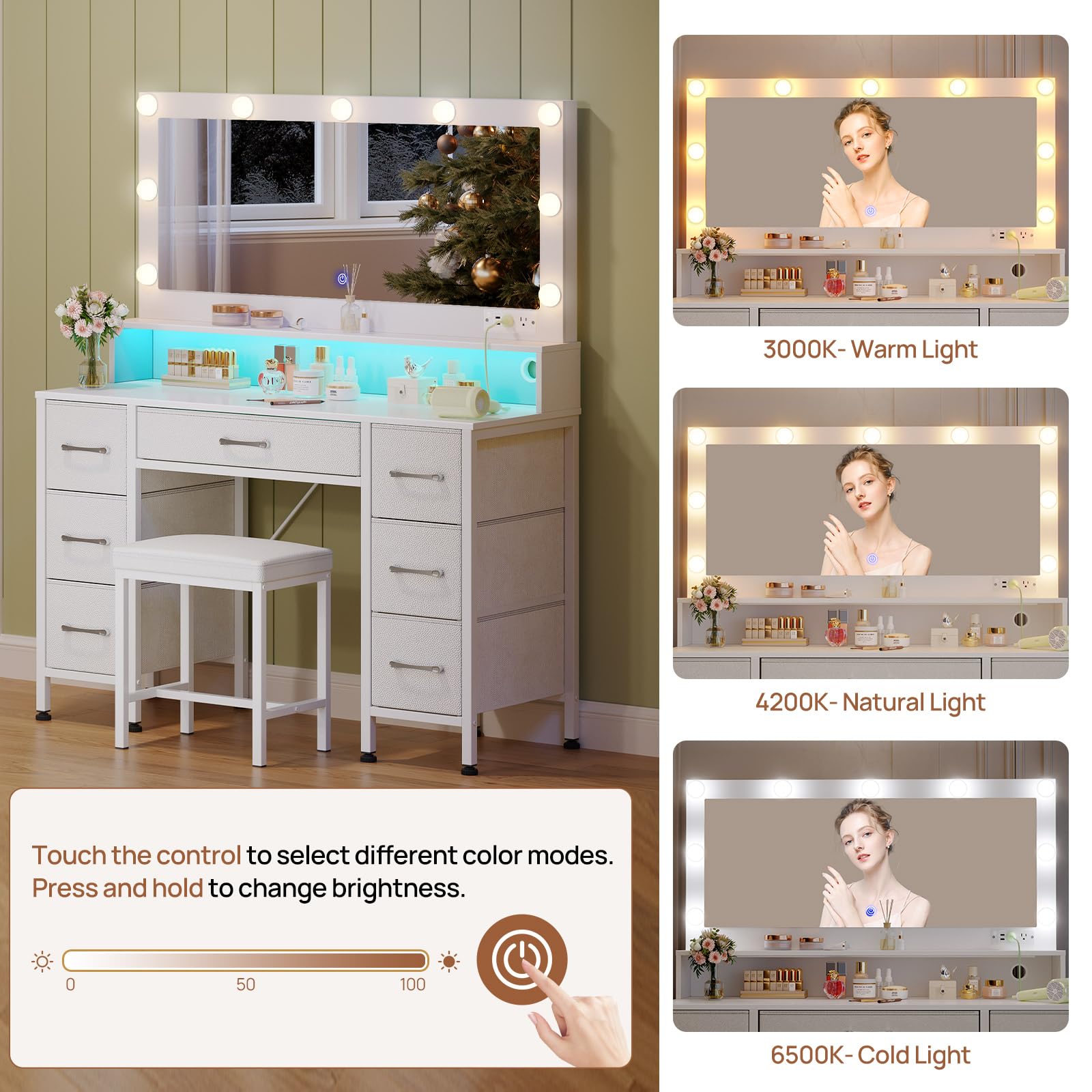 Rolanstar White Vanity Desk with Mirror & LED Lights - Makeup Vanity Set with Upholstered Stool, 7 Fabric Drawers, 9 Dimmable Bulbs & Power Outlets - Bedroom Vanity with RGB Strip Lights for Makeup, Dressing & Home Decor