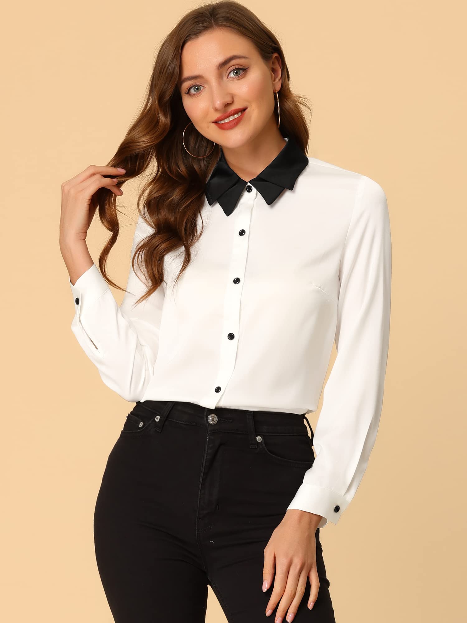Allegra K Women's Long Sleeve Satin Button Down Shirt with Contrast Collar - Professional Work Tops for Office, Business Meetings & Formal Occasions