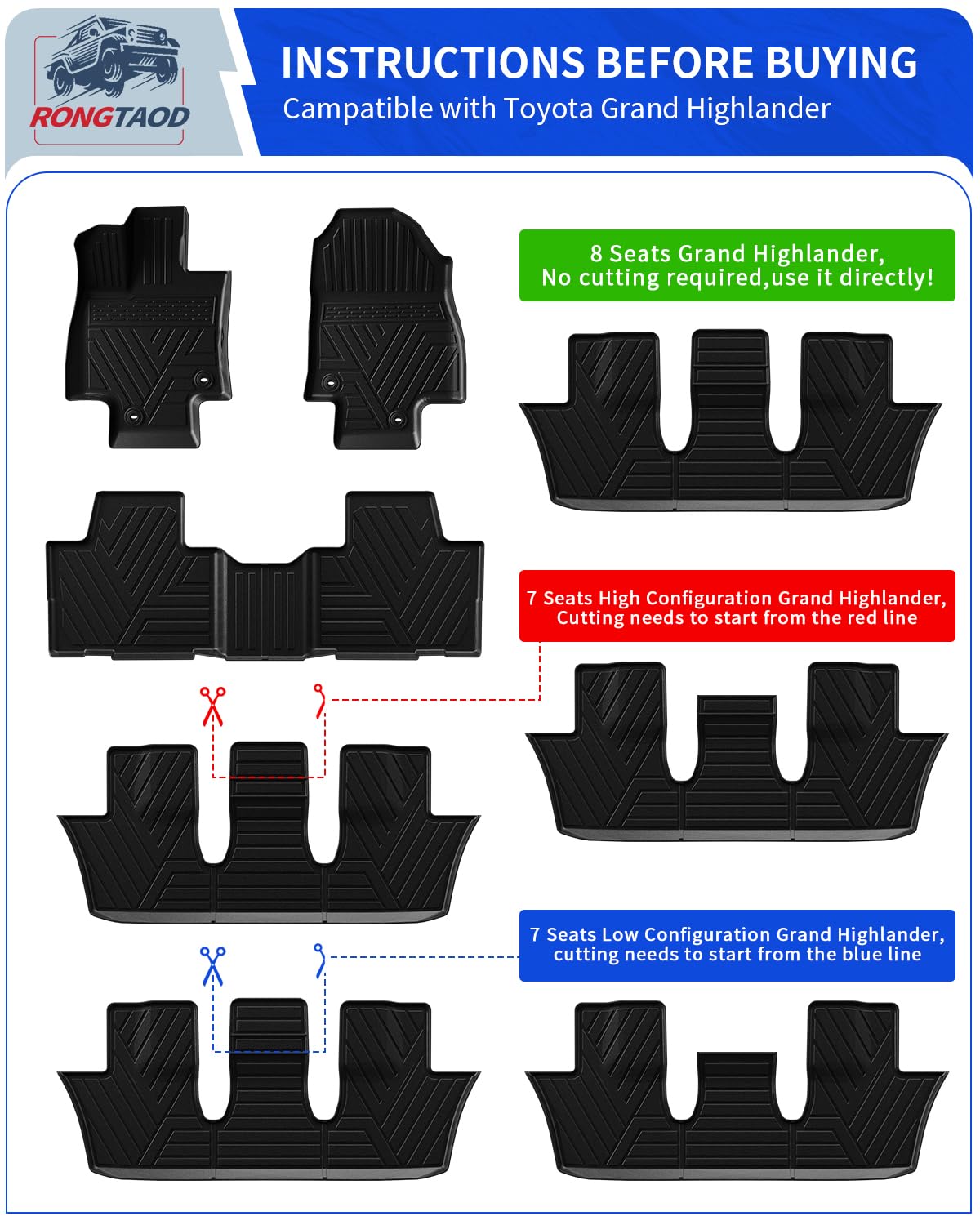 **Rongtaod Custom Fit Floor Mats for 2024-2025 Toyota Grand Highlander 7 & 8 Seats - All-Weather Trunk Liner, Cargo Mat, Back Seat Cover Protector - Durable Interior Accessories (Full Set: Trunk Mat with Backrest + Floor Mats) - Perfect for Road Trips, Family Travel & Daily Commute**