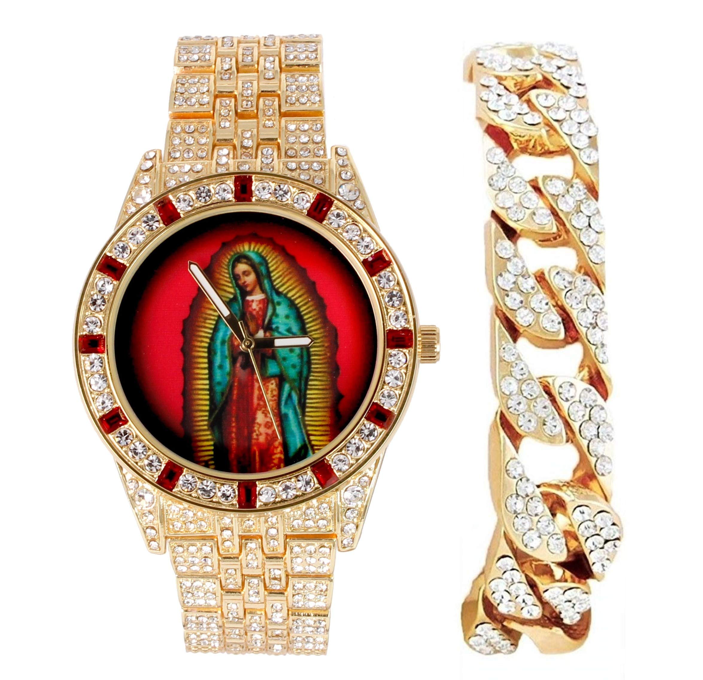 **Men's Iced Out Watch with Matching Cuban Link Bracelet - Luxury Rhinestone & Baguette Dial - Hip Hop Bling Jewelry for Parties, Gifts & Special Occasions - ST10226B**
