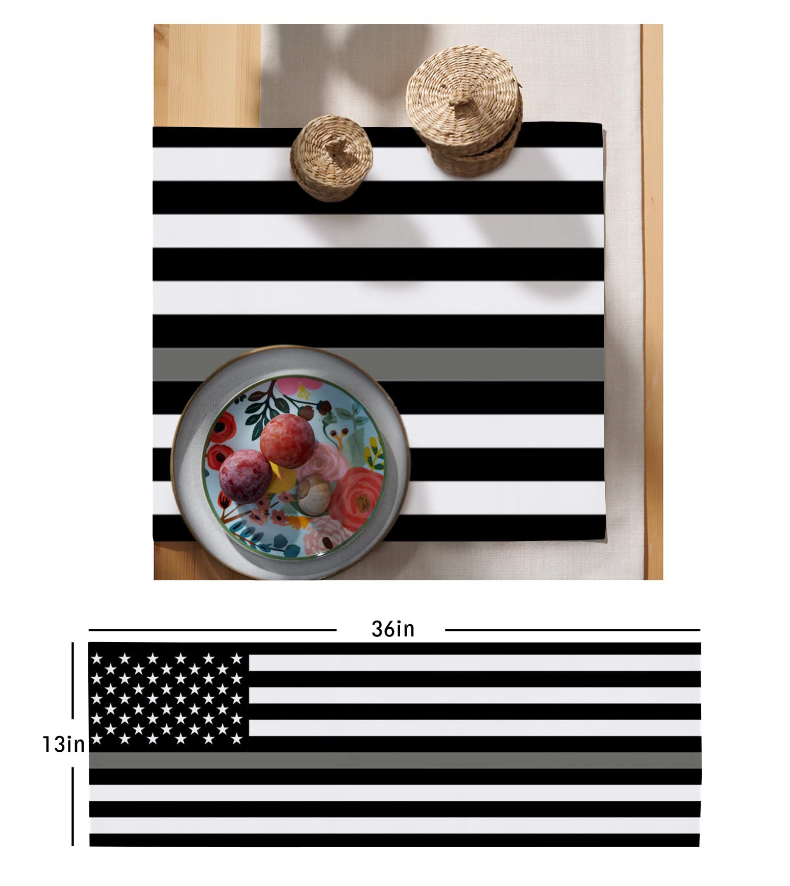 36 Inch Small Table Runner - Gray Line American Corrections Officers Design - US Flag Themed Dresser Scarf & Coffee Table Runner for Kitchen, Dinner Parties & Home Decor