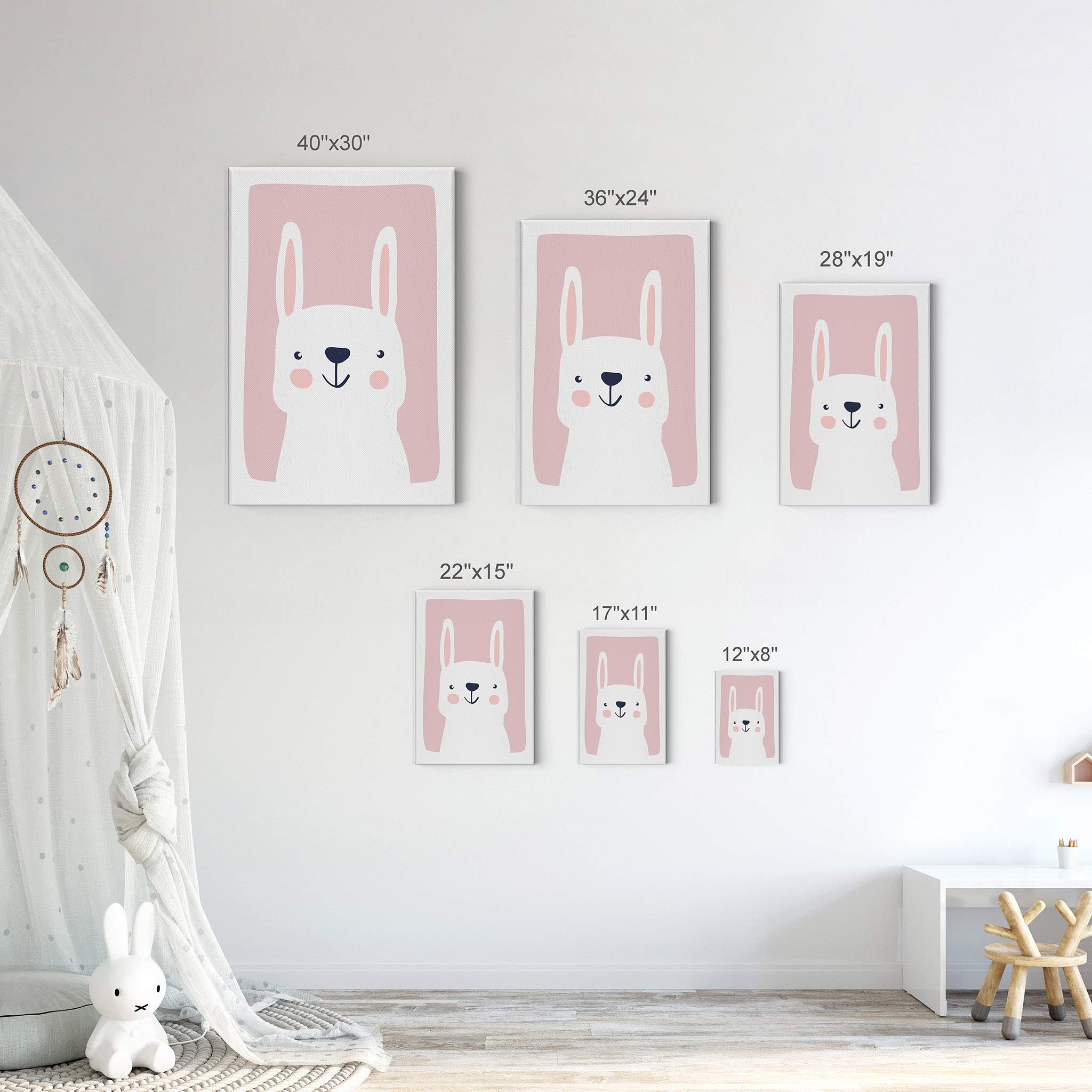 Cute Rabbit Pink Background Canvas Print - Kids Room Decor, Nursery Wall Art, Baby Room Decor - Ready to Hang, Made in USA (28x19 inches) - Perfect for Children's Bedrooms, Playrooms & Gift Ideas
