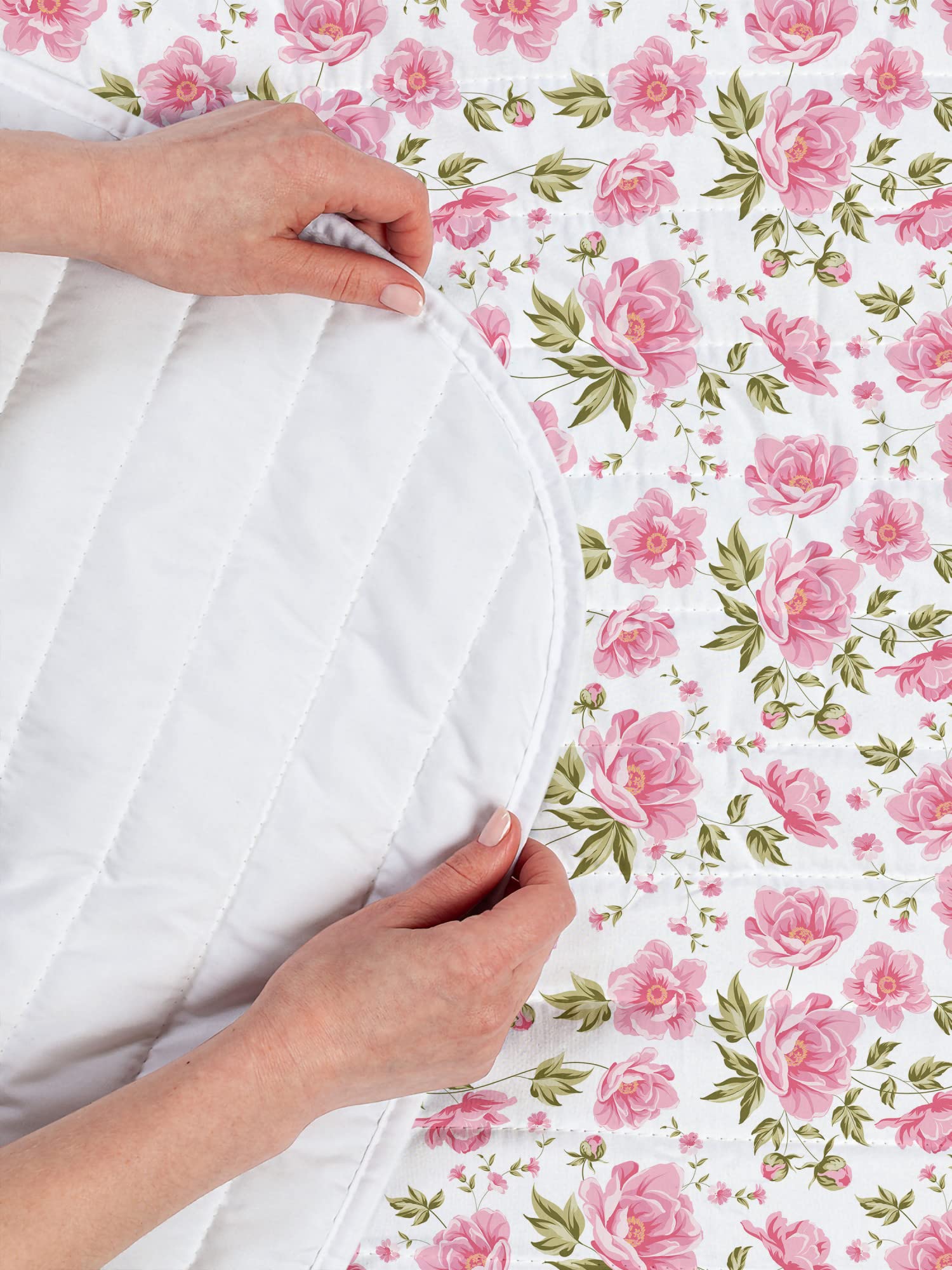 Lunarable Peonies Microfiber Bedspread Set - Queen Size Soft Bedding with Pillow Shams & Comforter in Olive Green Pink White | Shabby Chic Floral Design with Cherry Blossom Twigs | Perfect for Romantic Bedroom Decor, Summer Home Refresh & Cozy Nights