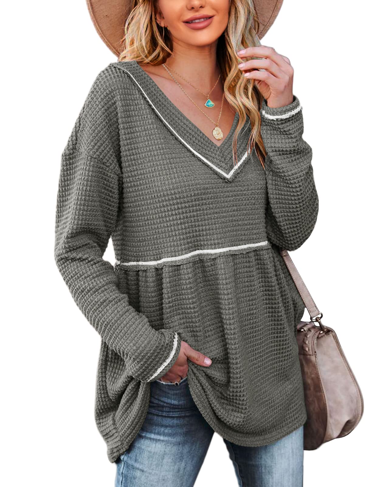 Women's V-Neck Waffle Knit Tunic Top - Long Sleeve Peplum Pullover Sweater - Casual Flowy Babydoll Swing Shirt for Work, Date Night & Everyday Wear