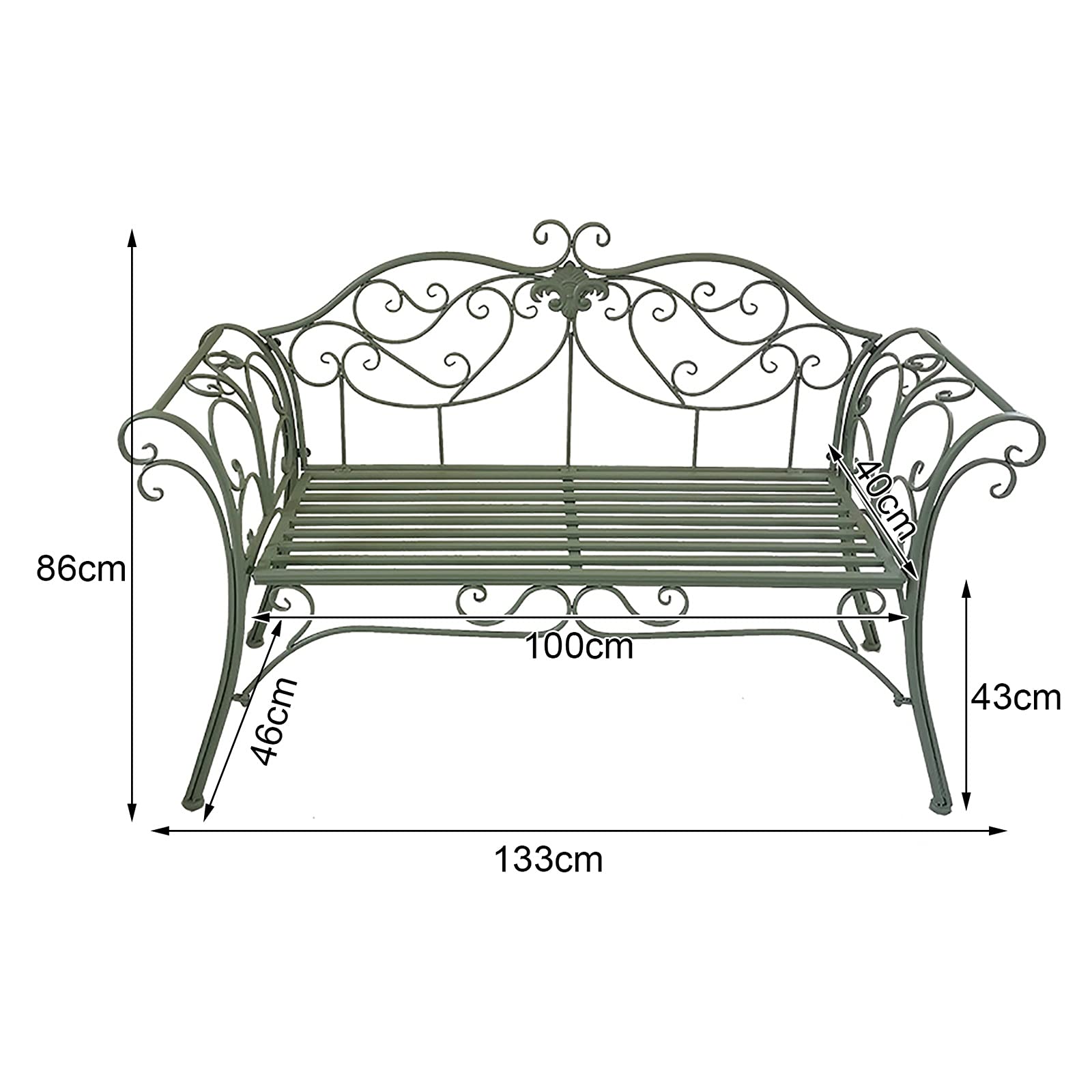 Outdoor Metal Garden Bench with Decorative Cast Iron Backrest - Double Seat Patio Furniture for Garden, Yard, Balcony, Park, Porch & Sunroom - Durable Green Outdoor Seating for Relaxing in Nature