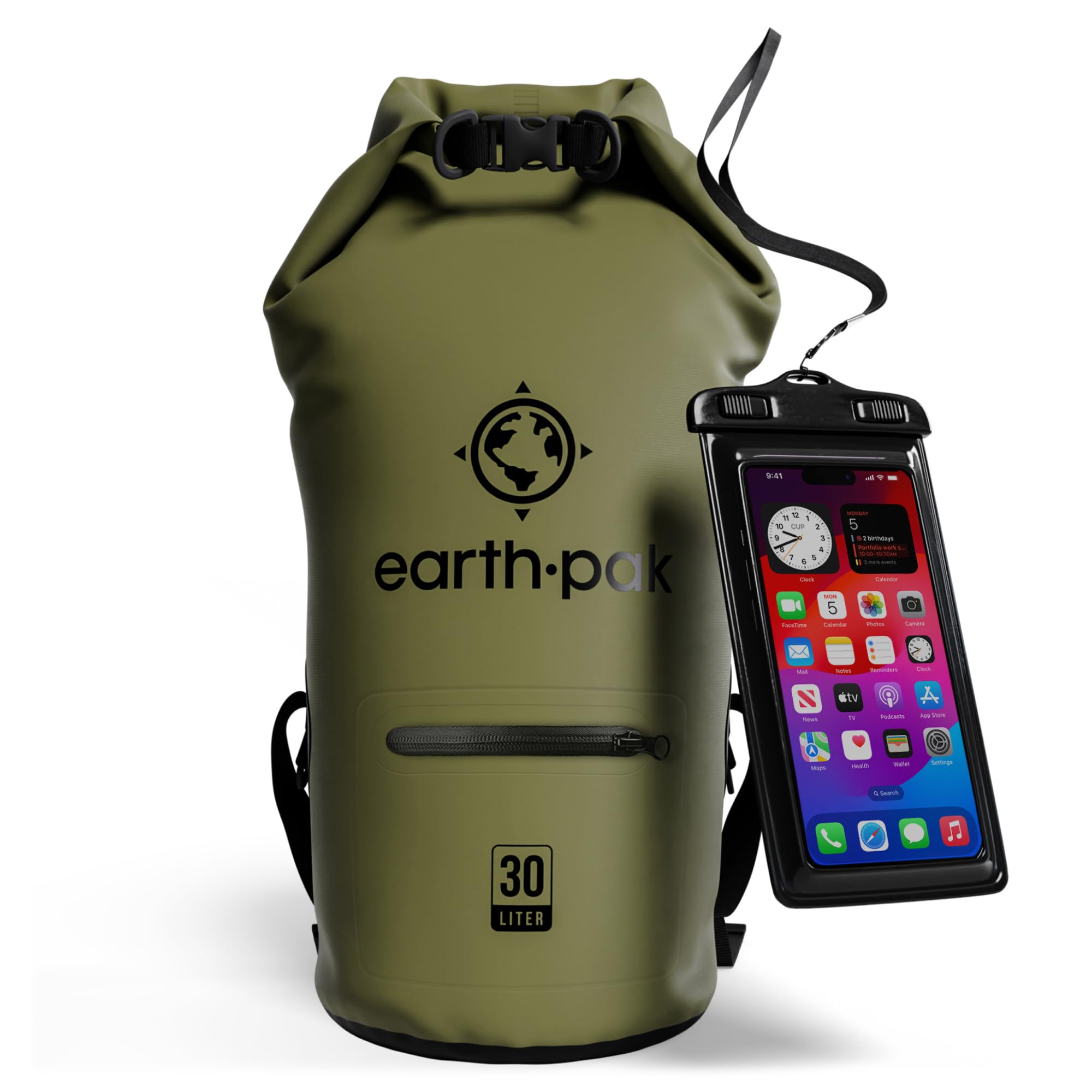 Earth Pak Waterproof Dry Bag Backpack with Zippered Pocket - Keep Gear Dry for Kayaking, Swimming, Hiking & Beach - Includes Waterproof Phone Case for Outdoor Adventures
