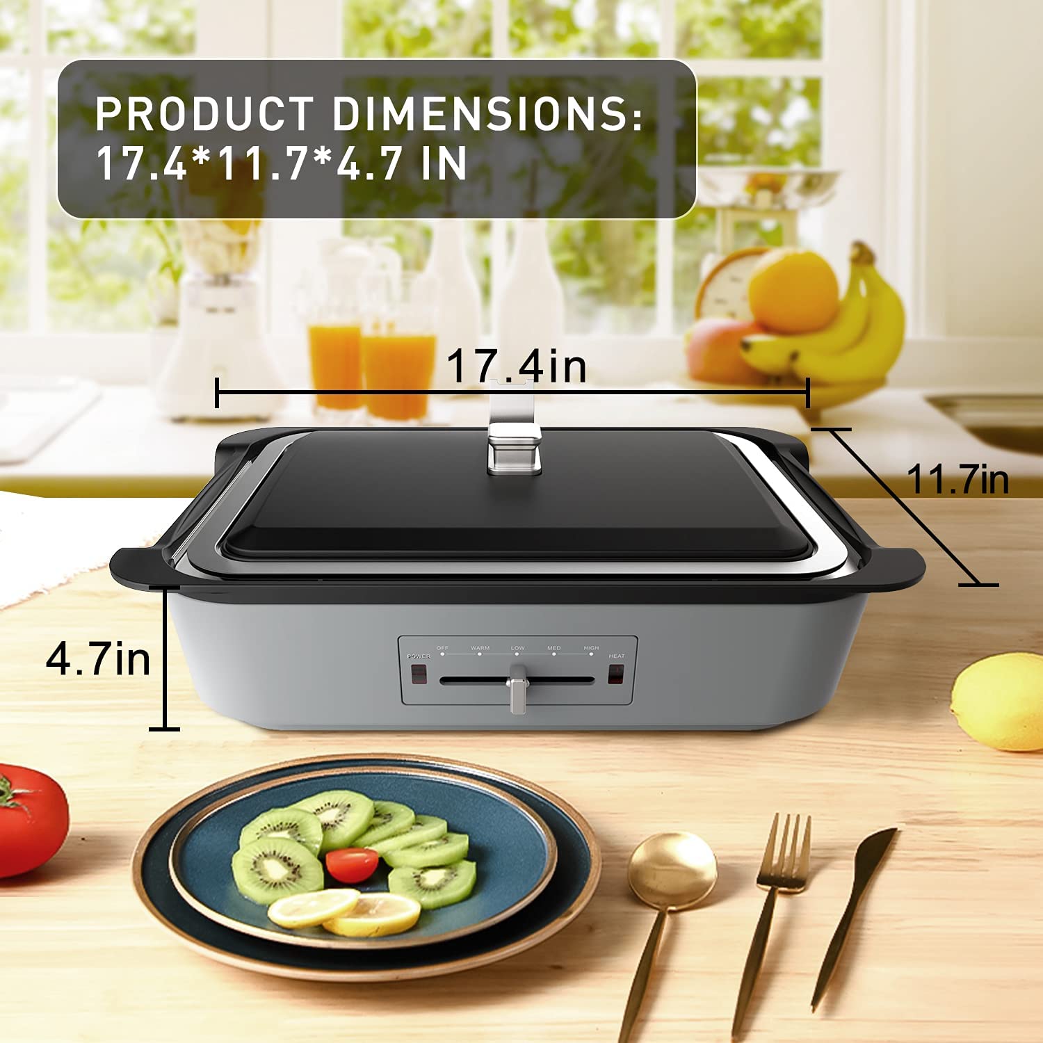 Mishcdea Electric Griddle Nonstick Indoor Grill - 1200W Smokeless Hot Plate with Removable Cooking Plate & 4-Level Temperature Control, 3L Capacity, Gray - Perfect for Indoor BBQ, Hot Pot, Pancakes & Family Cooking