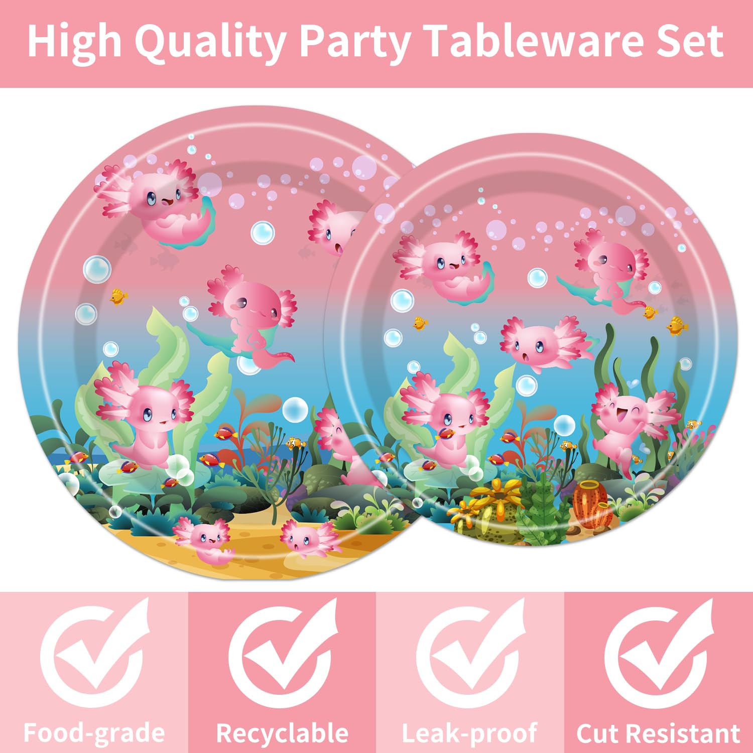 96pcs Pink Axolotl Party Supplies Set - Disposable Plates, Napkins, Forks for Birthday Decorations | Cute Reptile Animal Theme Tableware for Girls | Perfect for 24 Guests Birthday Parties & Baby Showers