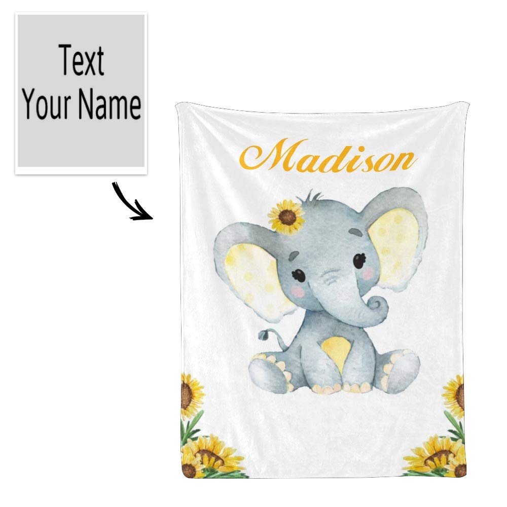 Personalized Kids Fleece Blanket with Name - Custom Elephant Baby Floral Throw Blanket for Bed (30