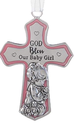 Ornate Crib Cross Decor with Ribbon for Baby Girl - Baptism, Christening & Baby Shower Gift - 'God Bless Our Baby Girl' - Perfect for Nursery Decor & Religious Celebrations