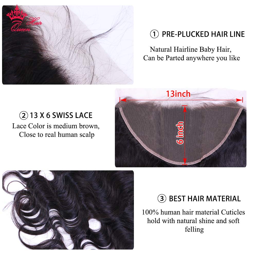13x6 Brazilian Virgin Body Wave Lace Frontal Closure - 150% Density Human Hair Extensions with Bleached Knots & Baby Hair | Queen Hair Products | Natural Color 12 Inches | Perfect for Protective Styles, Weaves & Everyday Glam