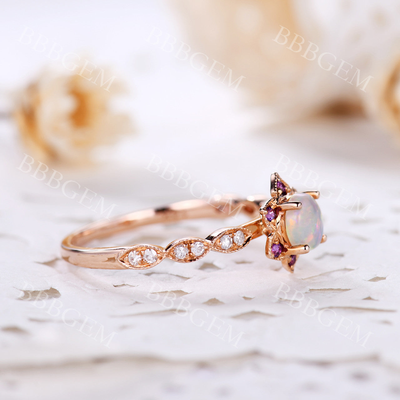 0.5 Carat Round Cut Opal & Amethyst Halo Engagement Ring in Rose Gold - Elegant Dainty Jewelry for Wedding, Proposal & Anniversary Gifts