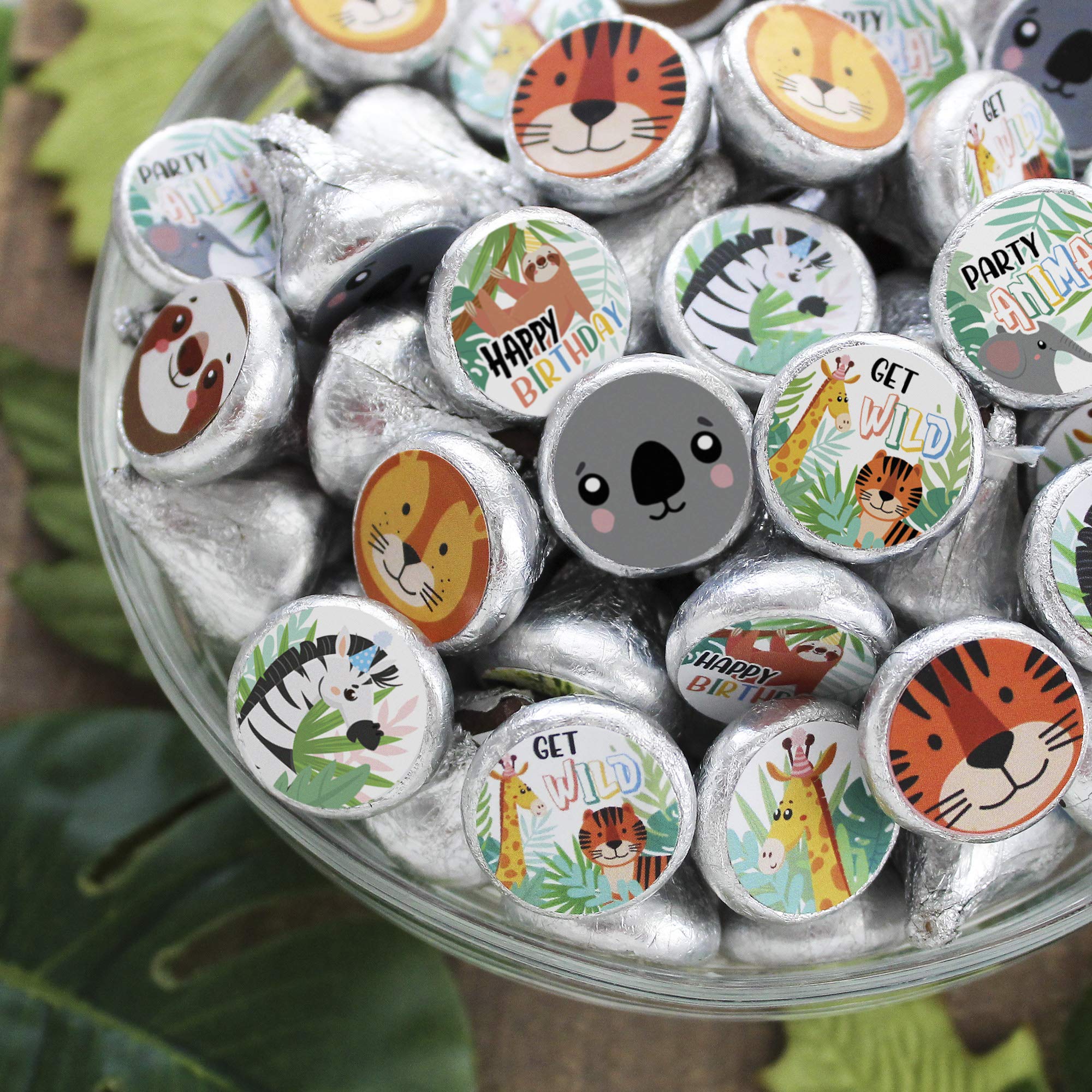 Wild Jungle Birthday Party Favors - Chocolate Kisses Candy Stickers & Party Animal Decorations (180 Labels) - Perfect for Kids Birthday Parties, Baby Showers & Themed Events