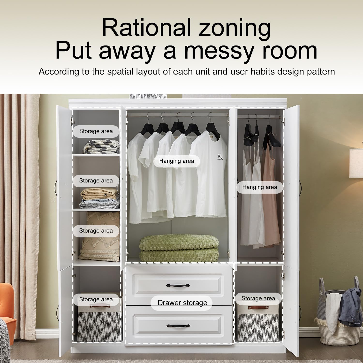 4-Door Armoire Wardrobe Closet with 2 Drawers & Hanging Rail - Tall Bedroom Storage Cabinet with Metal Handles, White - Perfect for Master Bedroom, Guest Room, and Apartment Organization