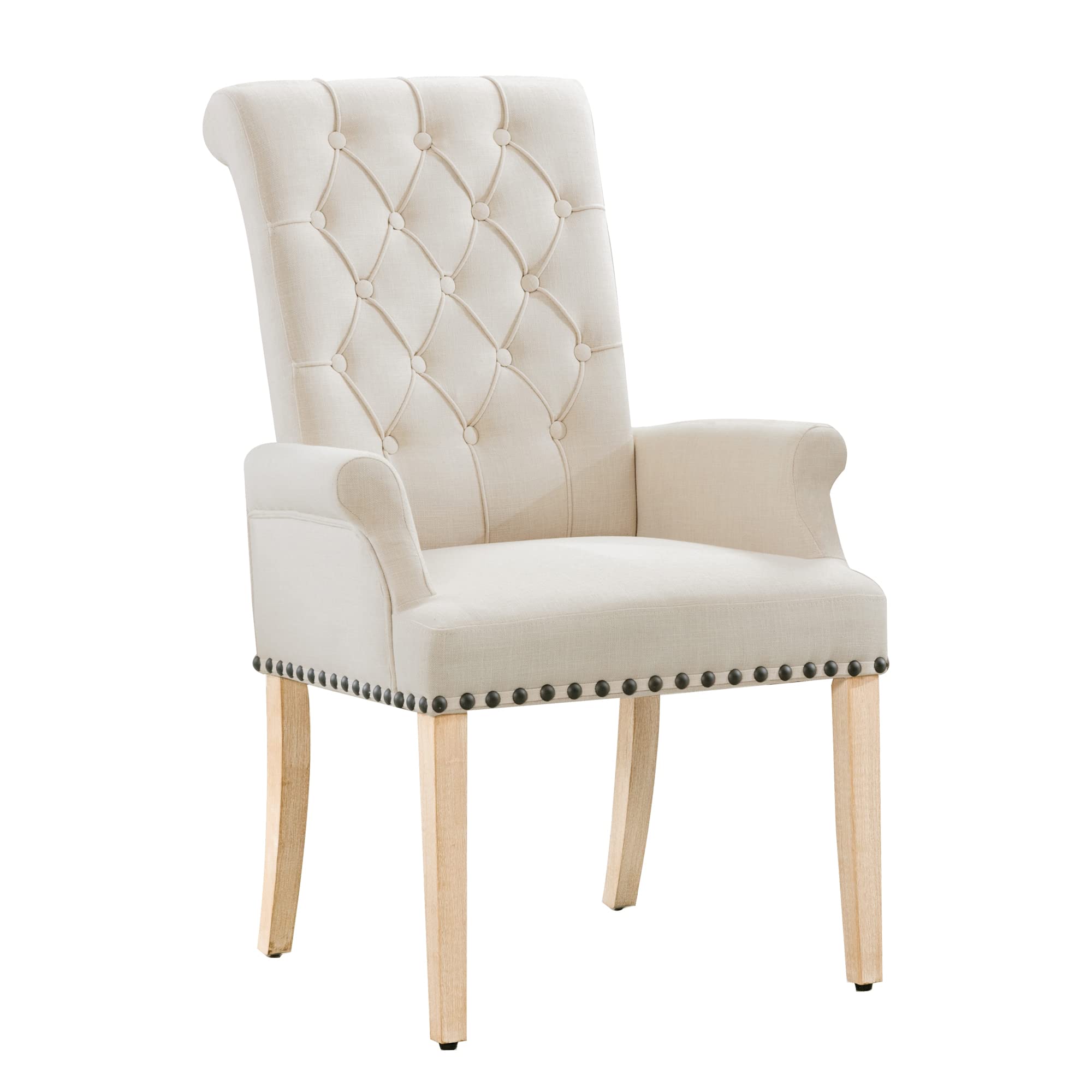 Luxury Fabric Dining Chairs - Upholstered Tufted Armrest Accent Chairs with Nailhead Trim & Solid Wood Legs for Home, Kitchen, Living Room (Beige) | Perfect for Dining Sets, Breakfast Nooks & Elegant Home Decor