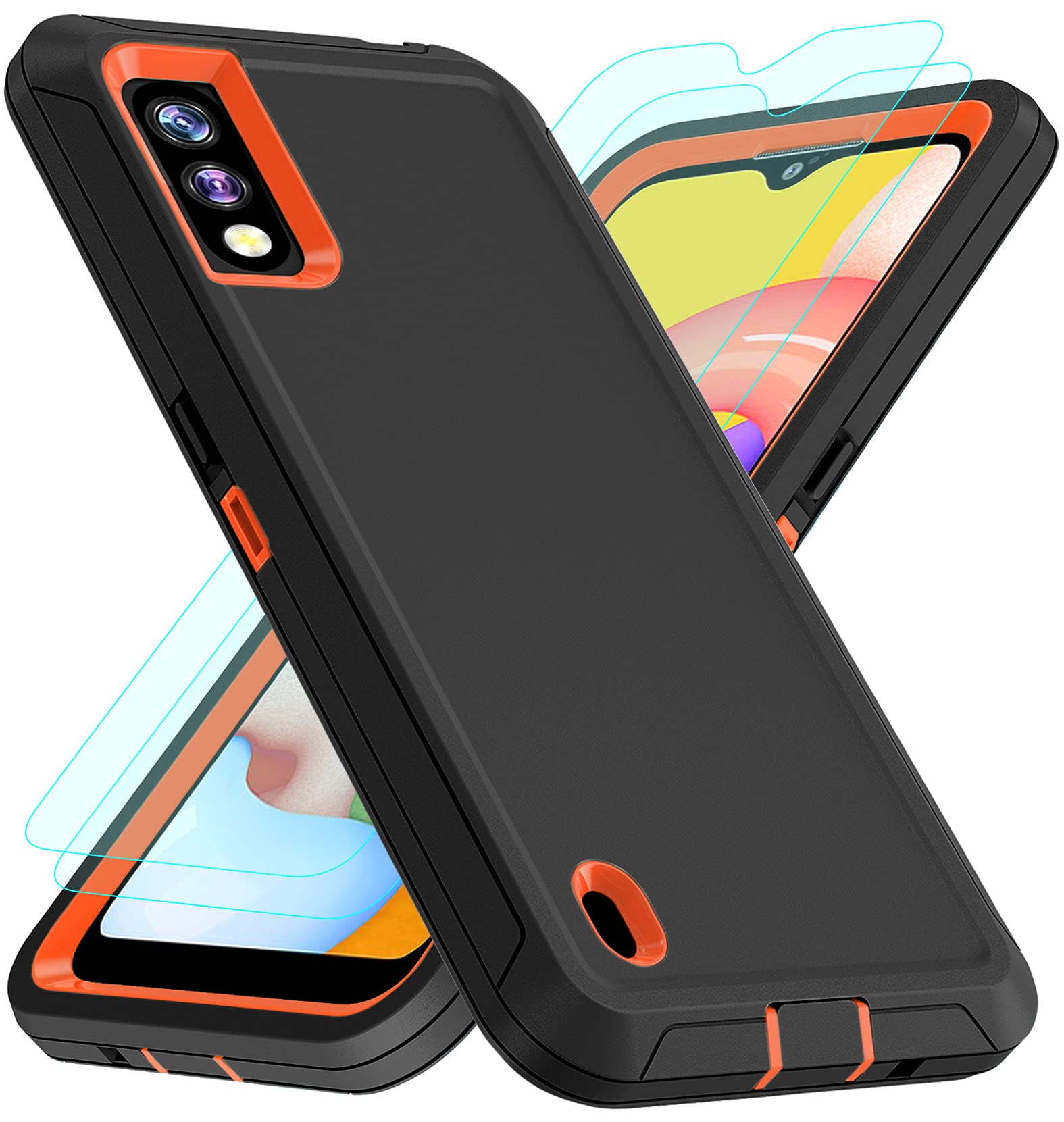 ONOLA Samsung Galaxy A01 Case with HD Screen Protector (2 Pack) - 3-Layer Drop Protection Durable Cover for Samsung A01 Phone - Shockproof & Scratch Resistant - Perfect for Outdoor Activities, Work & Daily Use (Black-Orange)