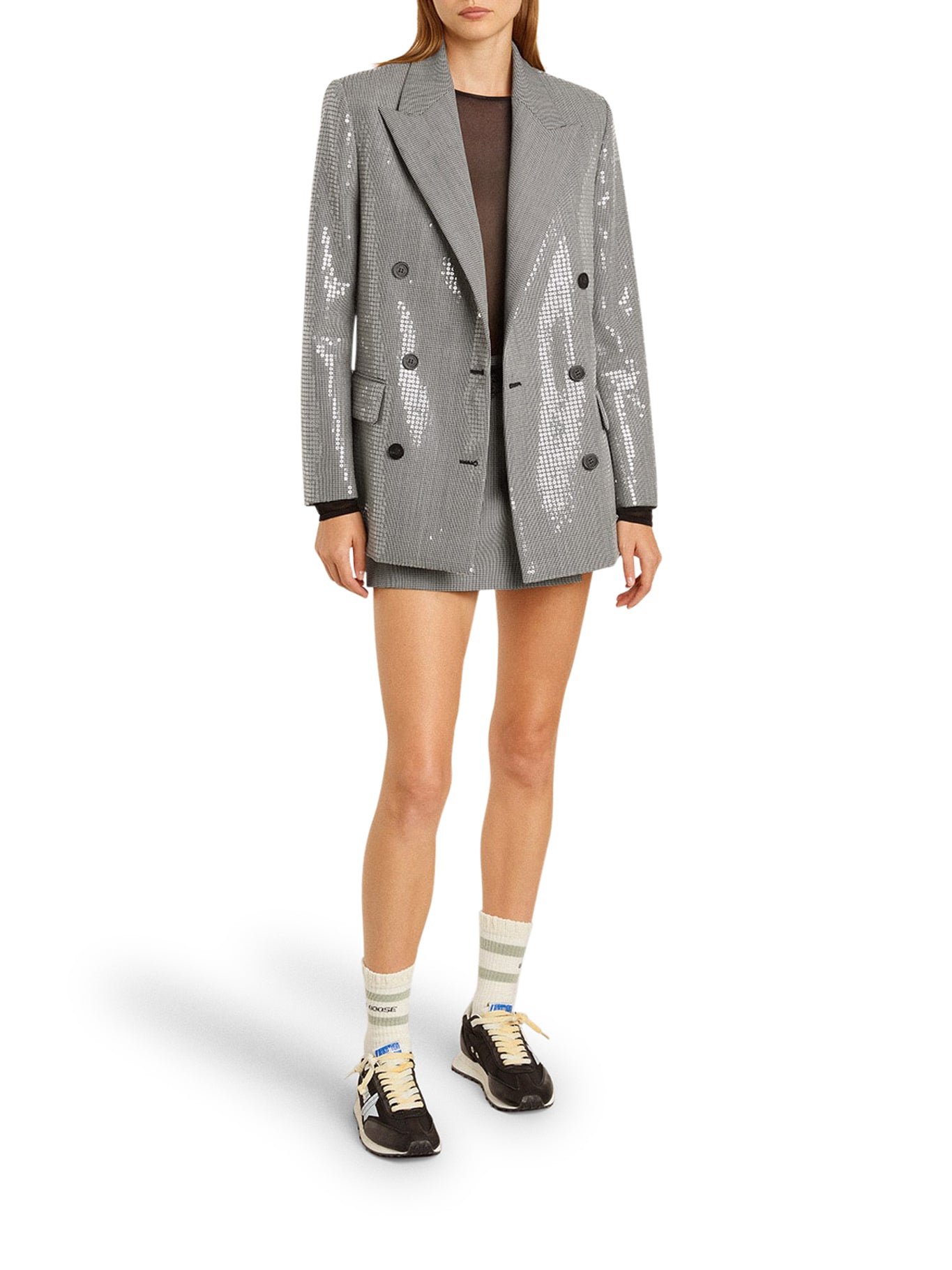Double Breasted Jacket in Micro Pied de Poule with Sequins - Elegant Women's Blazer for Office, Party & Special Occasions