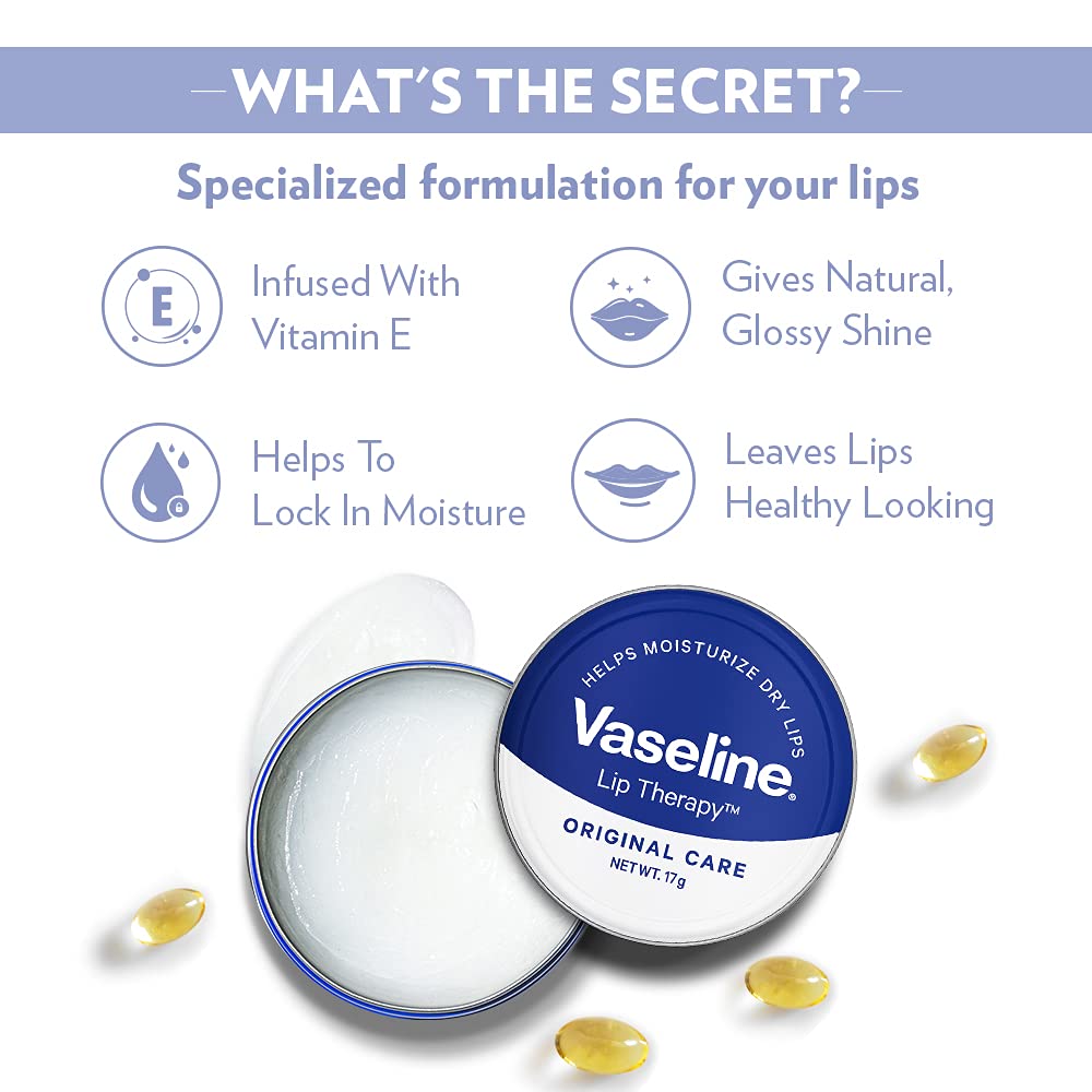 Vaseline Original Lip Therapy Tin - 17G Moisturizing Lip Balm for Dry & Chapped Lips - Pack of 1 - Perfect for Winter Care & Daily Hydration
