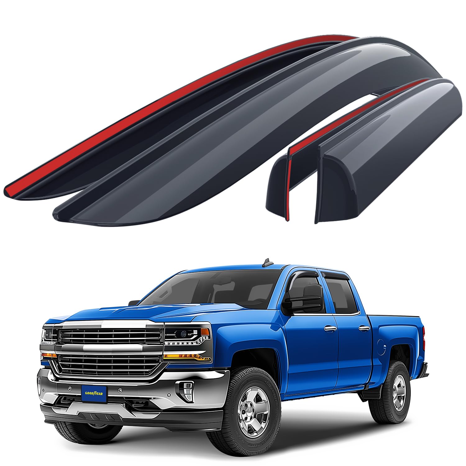 Goodyear Shatterproof Window Deflectors for Chevrolet Silverado 2500/2500HD/3500HD 2015-2019 Double Cab - Tape-On Rain Guards, Wind Deflector Visors, 4-Piece Set - Perfect for Rain Protection & Improved Ventilation While Driving