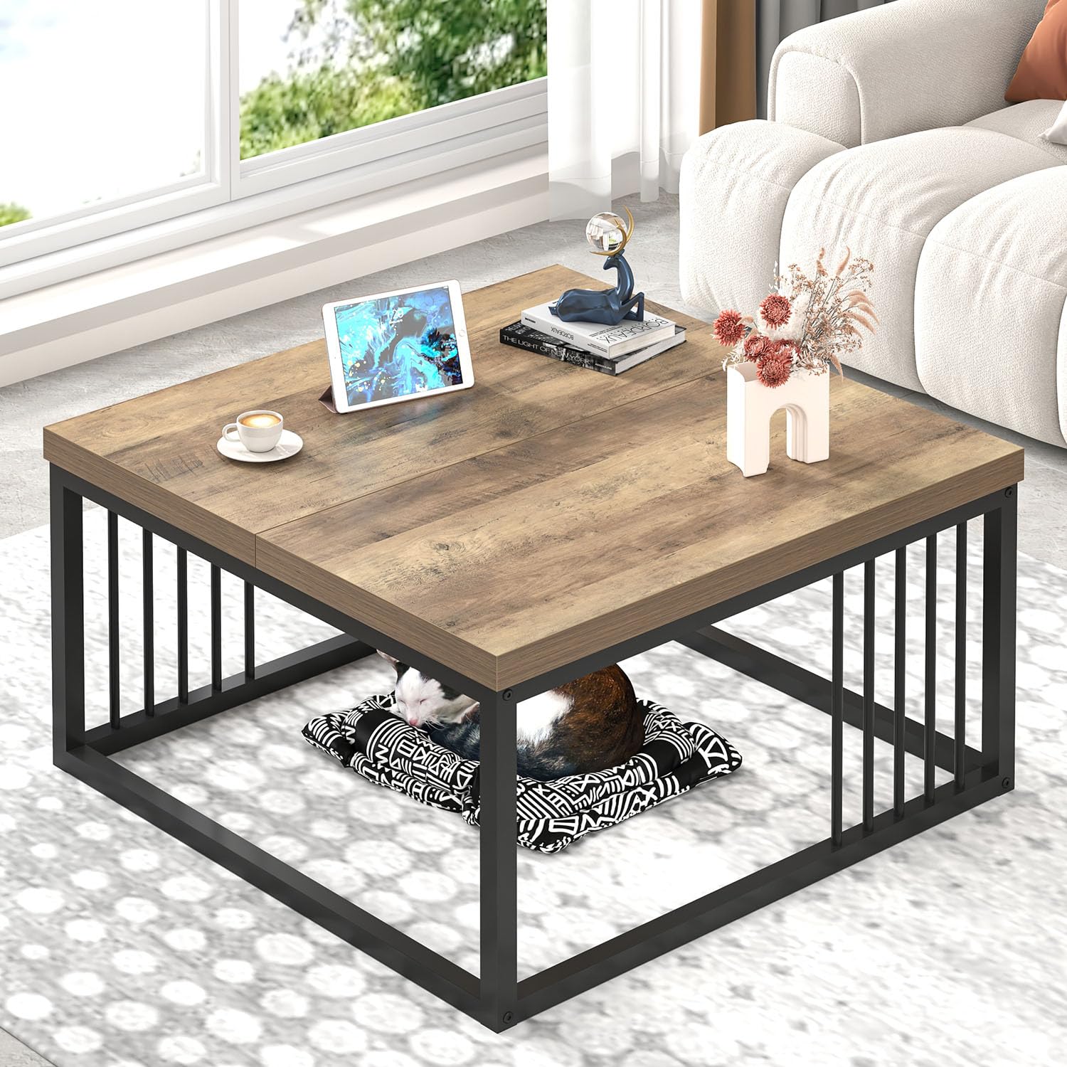 Modern FOLUBAN Square Coffee Table - 31.5 Inch Industrial Rustic Wood & Metal Cocktail Table for Living Room, Oak Finish - Perfect for Entertaining, Lounge Decor & Small Space Furniture