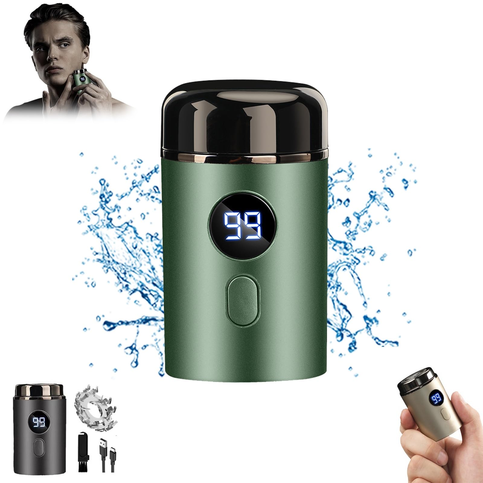 Timeatea Electric Shaver for Men - Waterproof Rechargeable Razor with Digital Display, Portable Travel Shaver for Wet/Dry Shaving - Perfect for Home, Gym & Business Trips (Green)