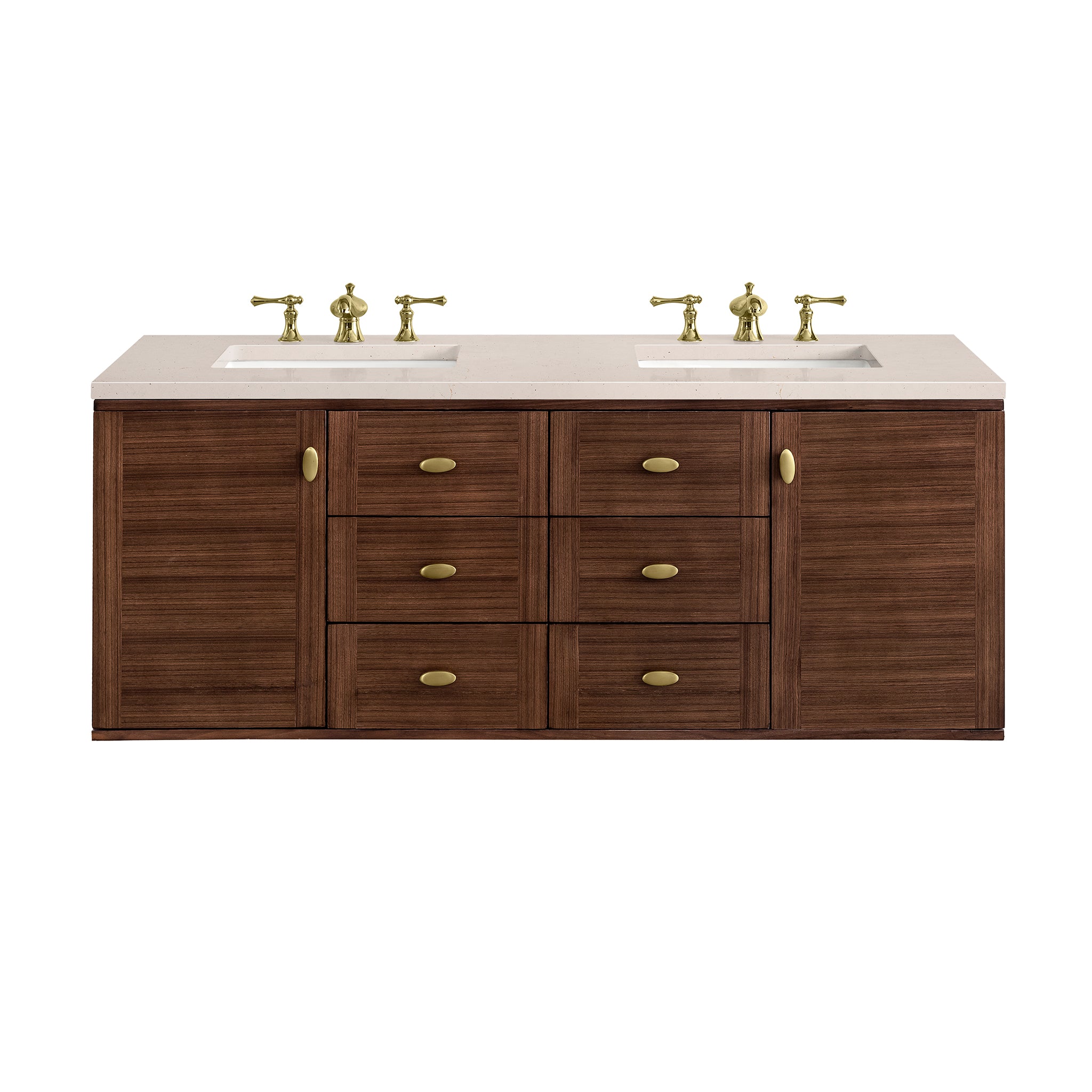 Amberly 60 Inch Double Bathroom Vanity with Mid-Century Walnut Finish & 3CM Eternal Marfil Stone Top - Perfect for Master Bathroom Renovation & Modern Home Decor