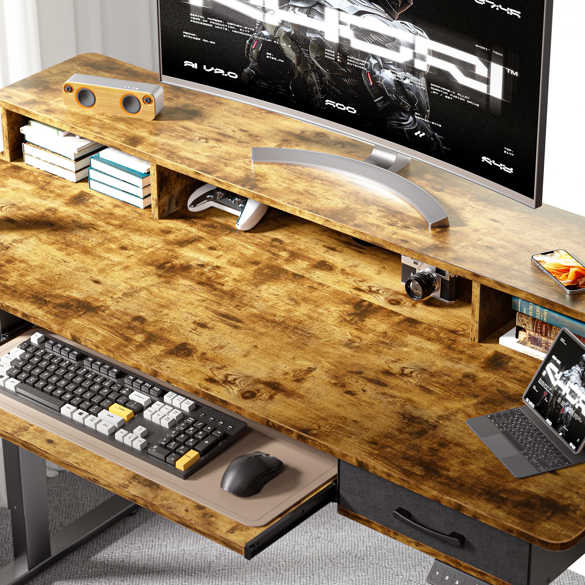55x24 Inches Electric Height Adjustable Standing Desk with Keyboard Tray & 2 Drawers - Ergonomic Sit to Stand Computer Table with Storage Monitor Stand in Rustic Brown - Perfect for Home Office, Gaming Setup & Workspace Organization