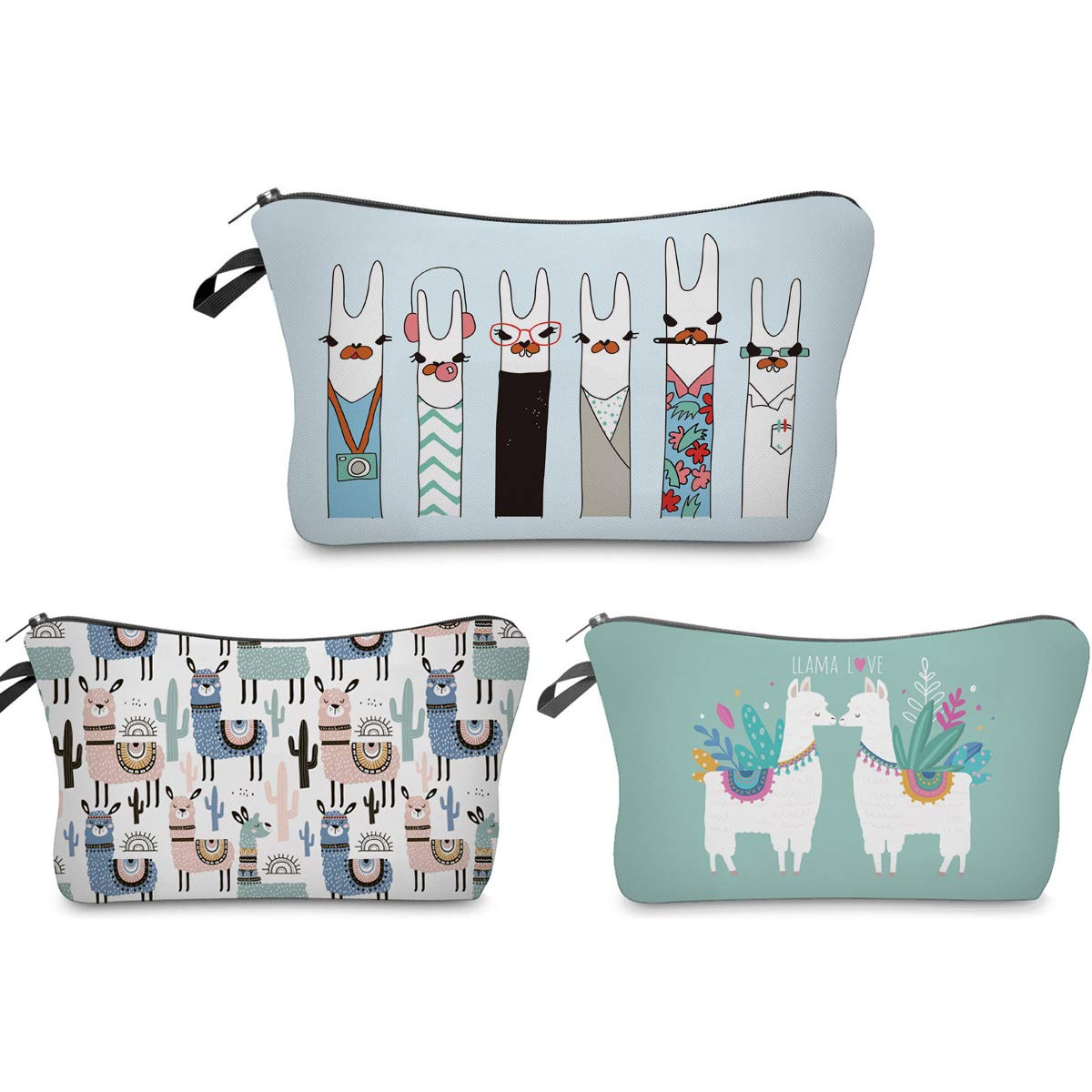 FITINI Llama Makeup Bag Set of 3 - Waterproof Travel Cosmetic Organizer for Women, Small Toiletry Pouch with Brush Storage | Perfect for Girls Purse, Gym, Vacation & Daily Use