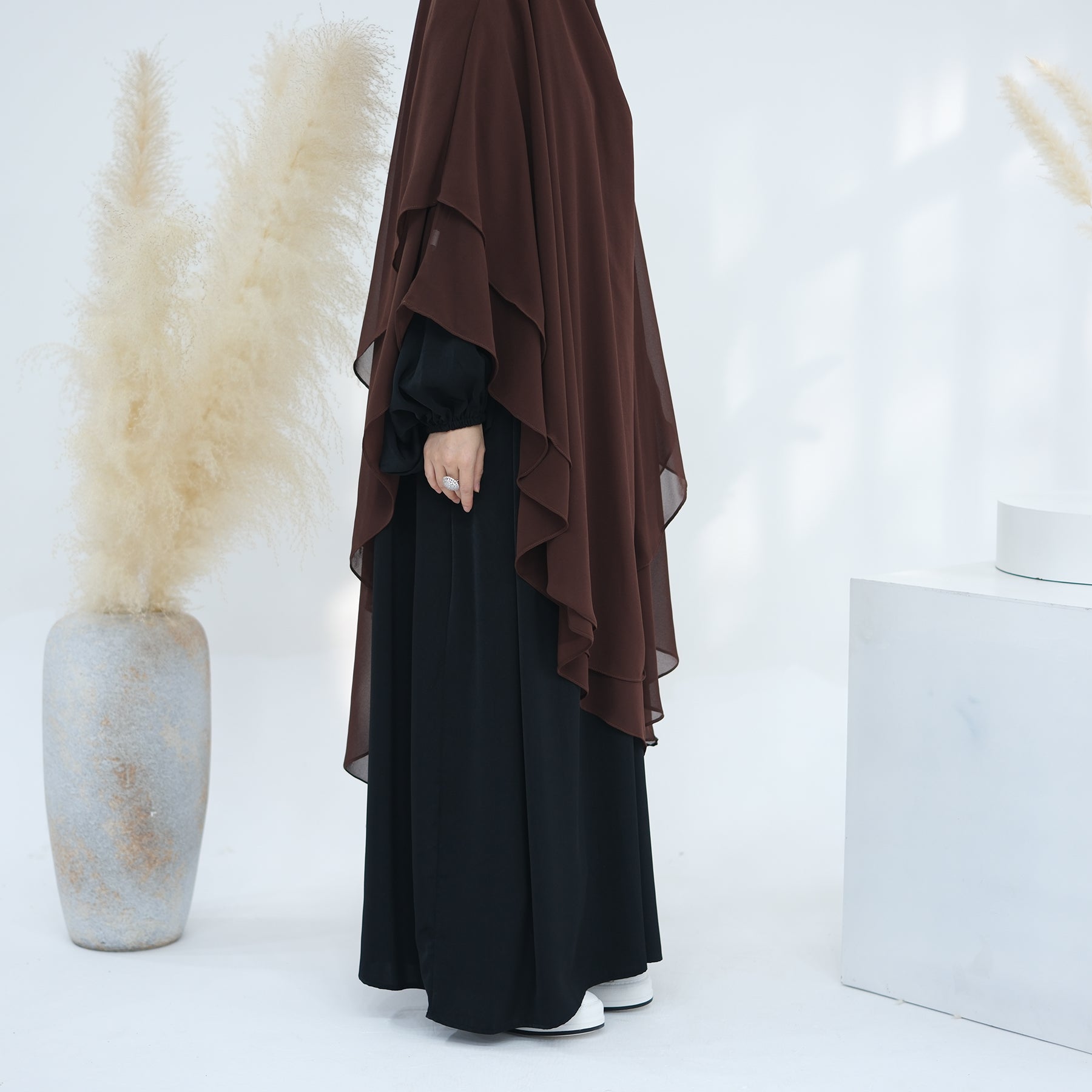 2 Layer Maxi Chiffon Khimar Scarf - Elegant Coffee Color Muslim Prayer Hijab for Women, Perfect for Daily Wear, Prayer, and Special Occasions