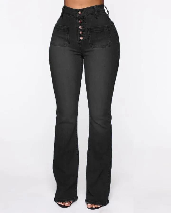 FUFAAPC Women's High Waist Booty Lifting Flare Jeans - Vintage Retro Stretch Denim Pants with Button Fly (Black, 4XL) | Perfect for Casual Wear, Date Nights & 70s Style Outfits